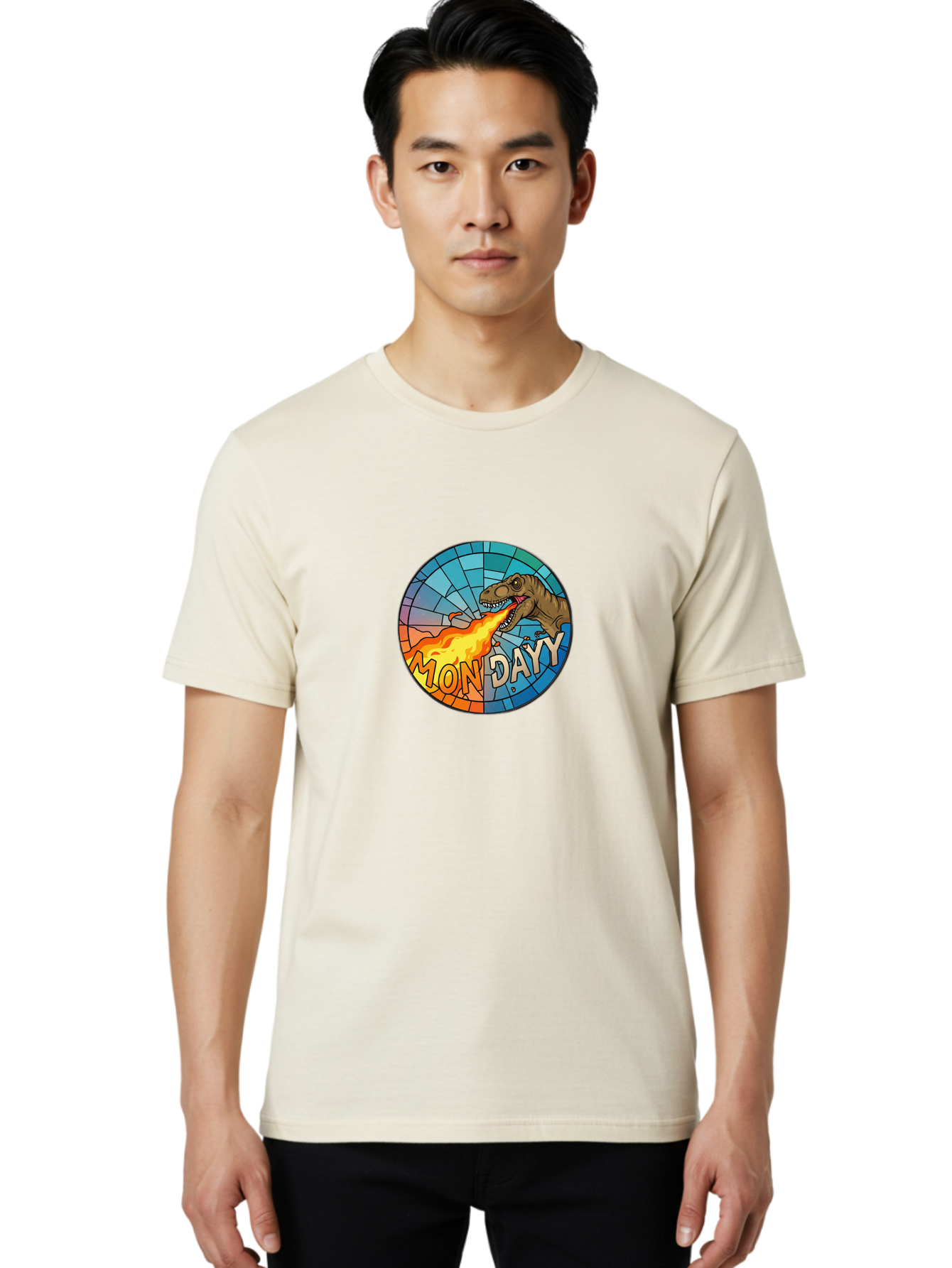 Mon-Dayy Men'S Graphic Tee, 100% Cotton, Comfortable Casual Summer Wear, Machine Washable, Cartoon T-Rex, Stained Glass Art, Fire-Breathing Dinosaur, Monday Motivation, Humorous Graphic, Bold Font, Dinosaur Artwork, Funny T-Rex Bae506