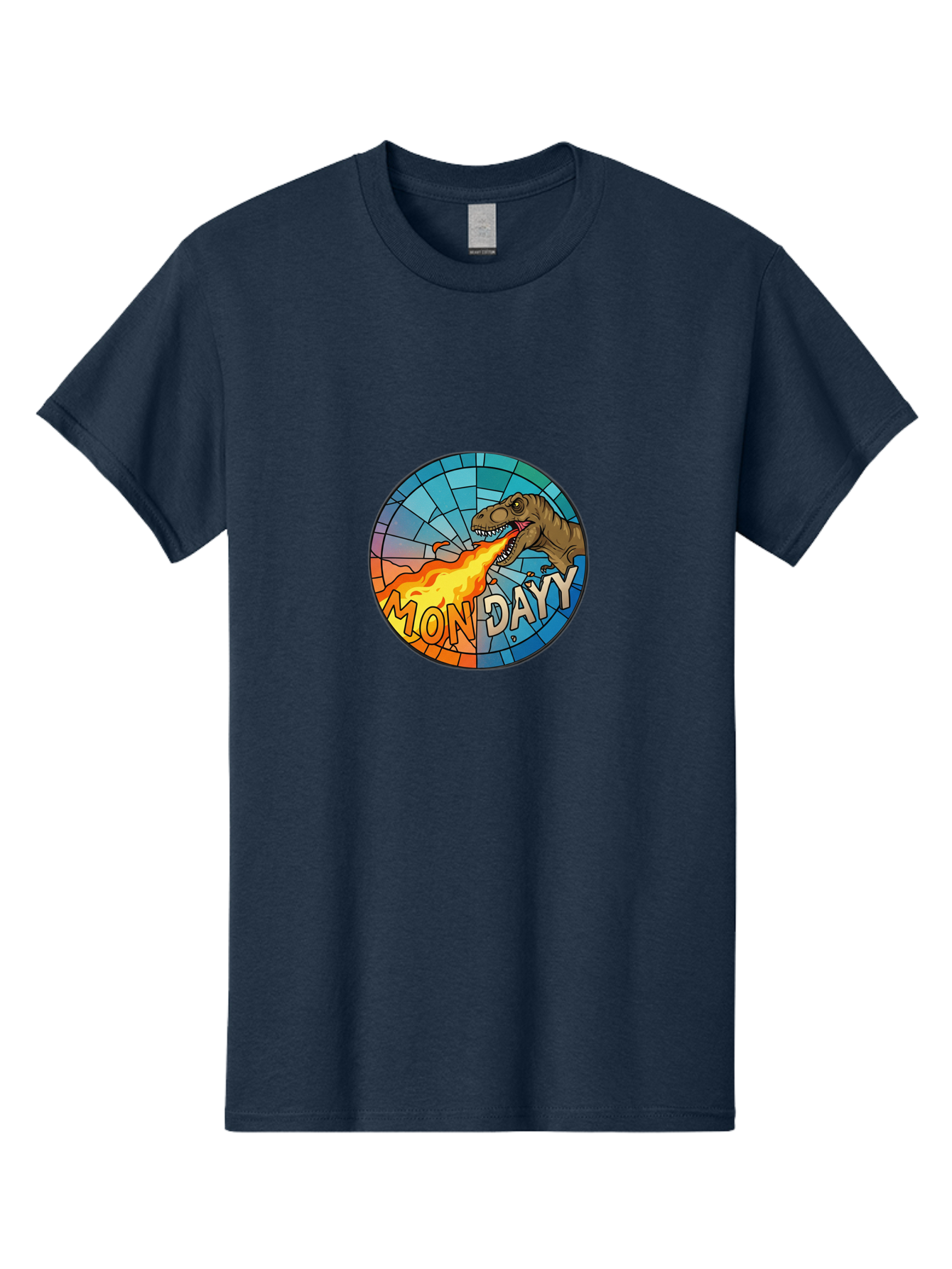 Mon-Dayy Men'S Graphic Tee, 100% Cotton, Comfortable Casual Summer Wear, Machine Washable, Cartoon T-Rex, Stained Glass Art, Fire-Breathing Dinosaur, Monday Motivation, Humorous Graphic, Bold Font, Dinosaur Artwork, Funny T-Rex Bae506