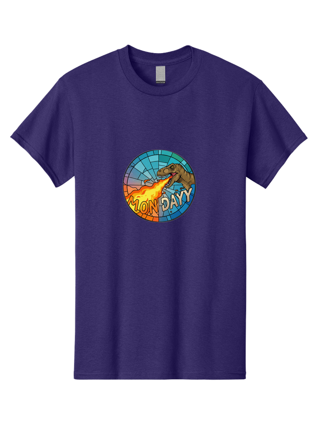 Mon-Dayy Men'S Graphic Tee, 100% Cotton, Comfortable Casual Summer Wear, Machine Washable, Cartoon T-Rex, Stained Glass Art, Fire-Breathing Dinosaur, Monday Motivation, Humorous Graphic, Bold Font, Dinosaur Artwork, Funny T-Rex Bae506