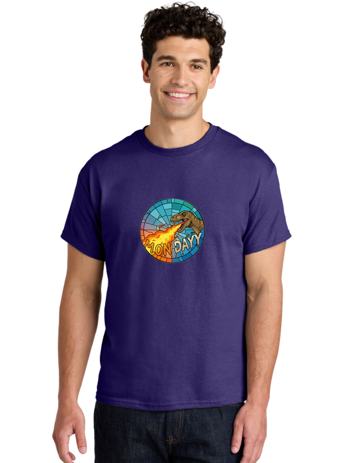 Mon-Dayy Men'S Graphic Tee, 100% Cotton, Comfortable Casual Summer Wear, Machine Washable, Cartoon T-Rex, Stained Glass Art, Fire-Breathing Dinosaur, Monday Motivation, Humorous Graphic, Bold Font, Dinosaur Artwork, Funny T-Rex Bae506