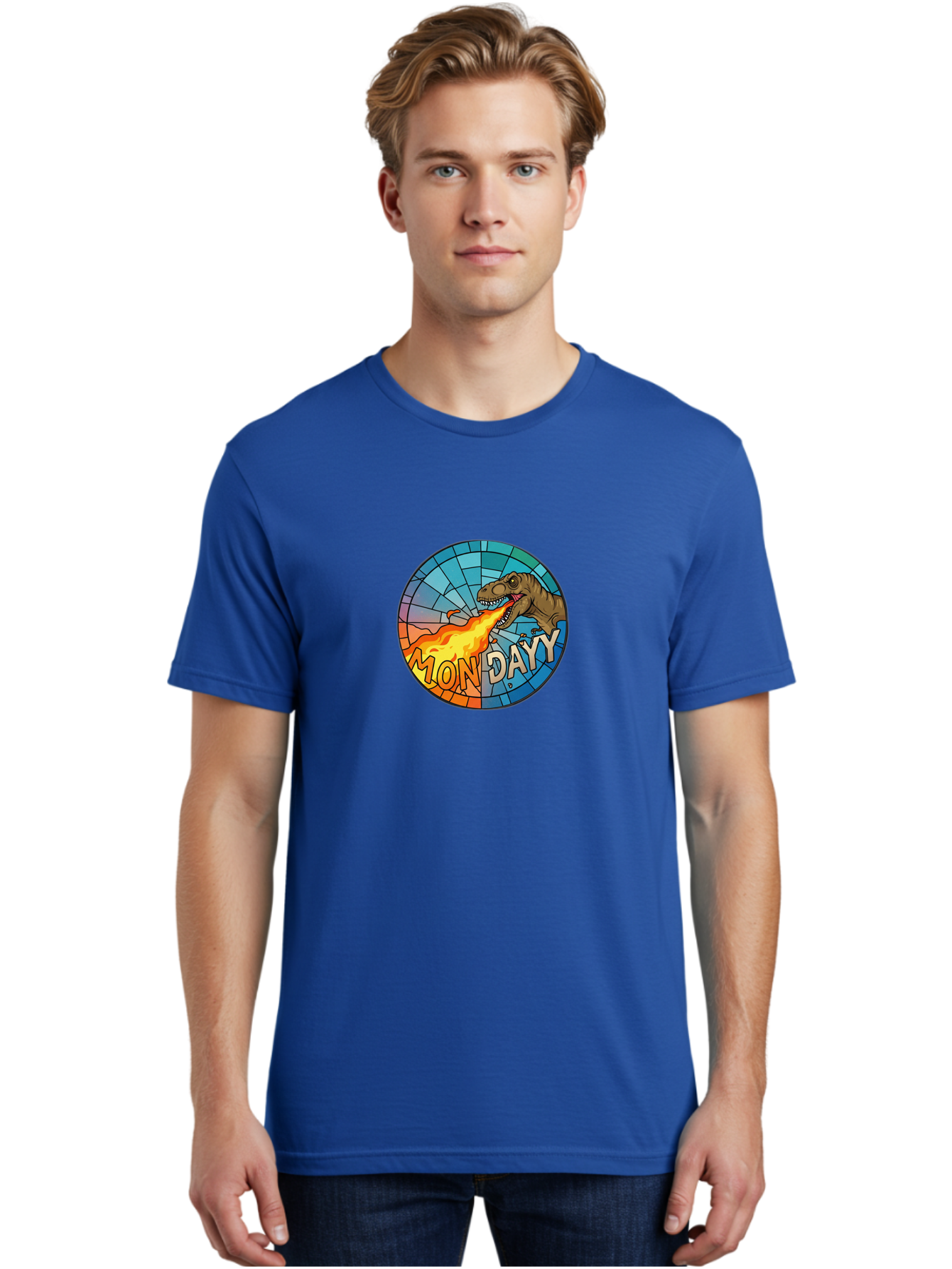 Mon-Dayy Men'S Graphic Tee, 100% Cotton, Comfortable Casual Summer Wear, Machine Washable, Cartoon T-Rex, Stained Glass Art, Fire-Breathing Dinosaur, Monday Motivation, Humorous Graphic, Bold Font, Dinosaur Artwork, Funny T-Rex Bae506
