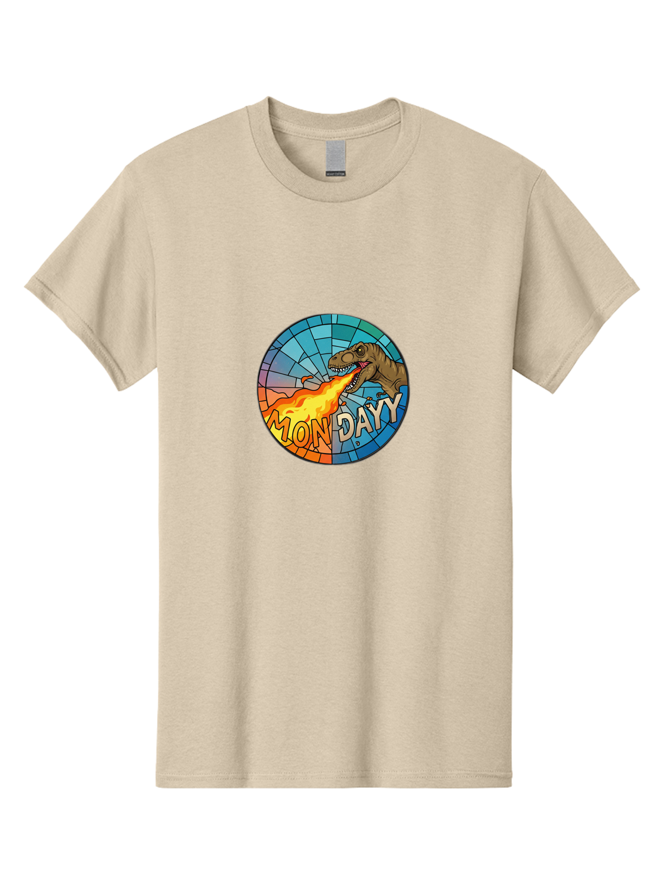 Mon-Dayy Men'S Graphic Tee, 100% Cotton, Comfortable Casual Summer Wear, Machine Washable, Cartoon T-Rex, Stained Glass Art, Fire-Breathing Dinosaur, Monday Motivation, Humorous Graphic, Bold Font, Dinosaur Artwork, Funny T-Rex Bae506
