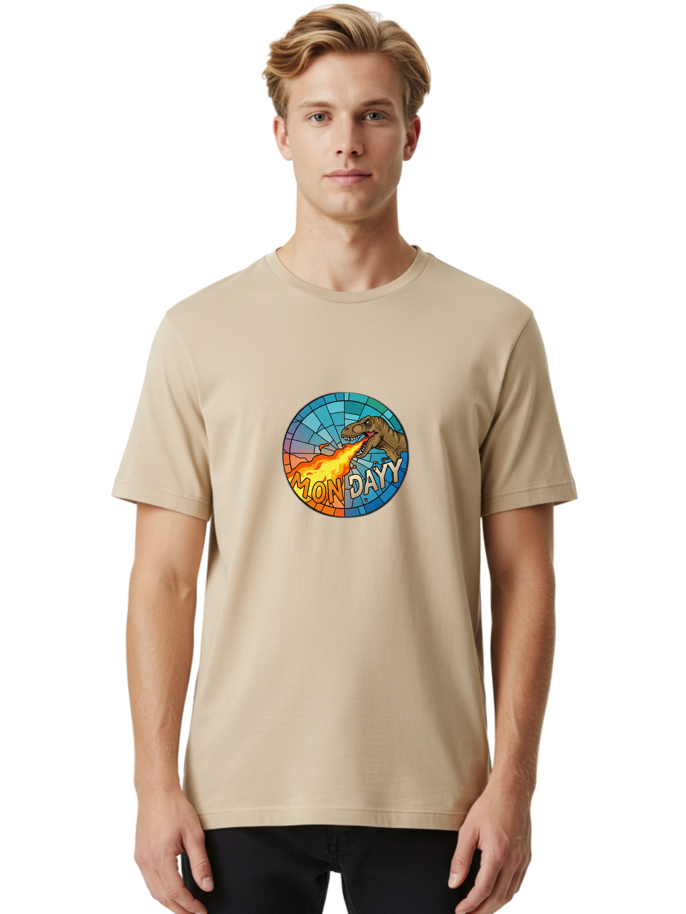 Mon-Dayy Men'S Graphic Tee, 100% Cotton, Comfortable Casual Summer Wear, Machine Washable, Cartoon T-Rex, Stained Glass Art, Fire-Breathing Dinosaur, Monday Motivation, Humorous Graphic, Bold Font, Dinosaur Artwork, Funny T-Rex Bae506