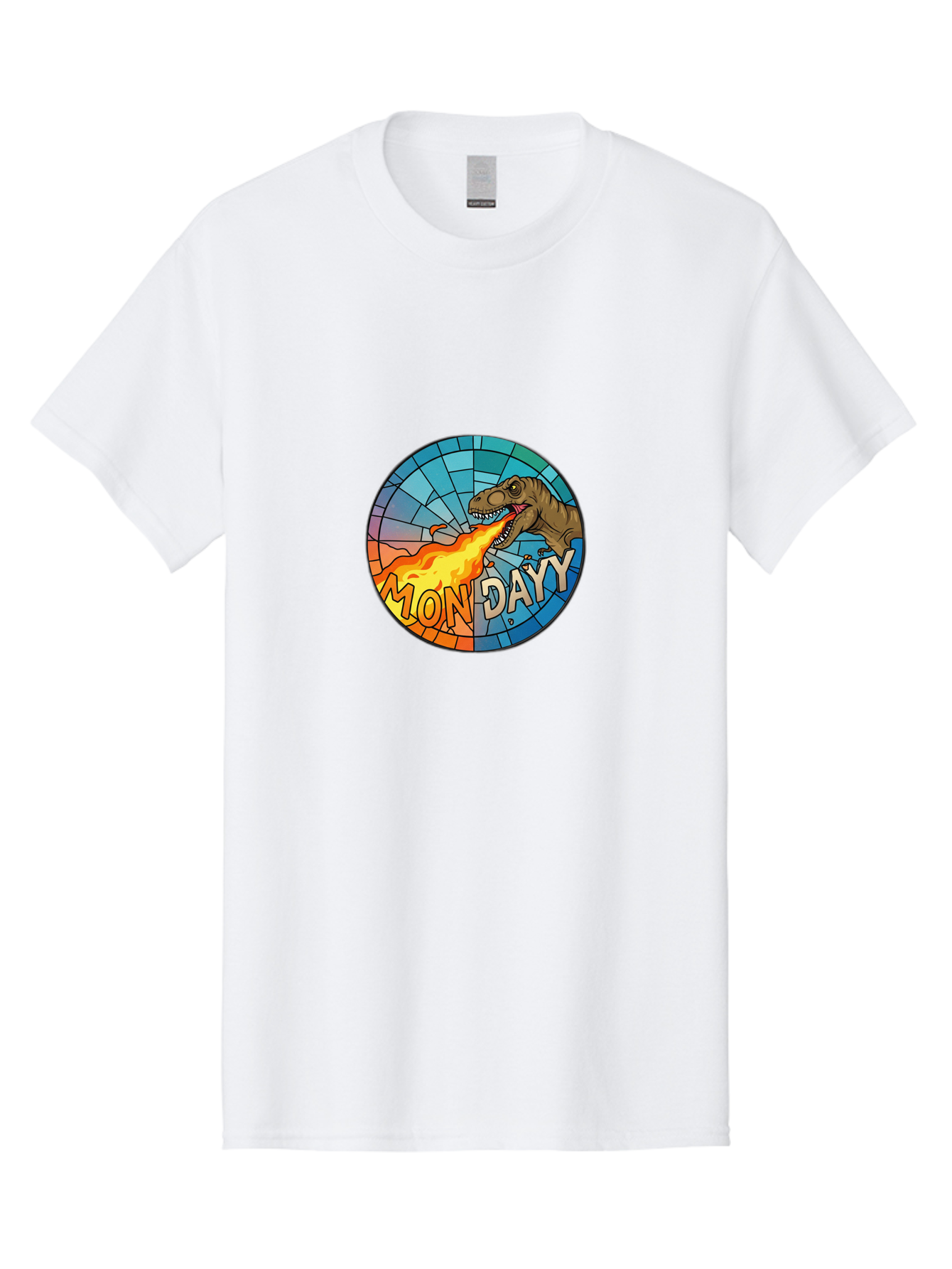 Mon-Dayy Men'S Graphic Tee, 100% Cotton, Comfortable Casual Summer Wear, Machine Washable, Cartoon T-Rex, Stained Glass Art, Fire-Breathing Dinosaur, Monday Motivation, Humorous Graphic, Bold Font, Dinosaur Artwork, Funny T-Rex Bae506