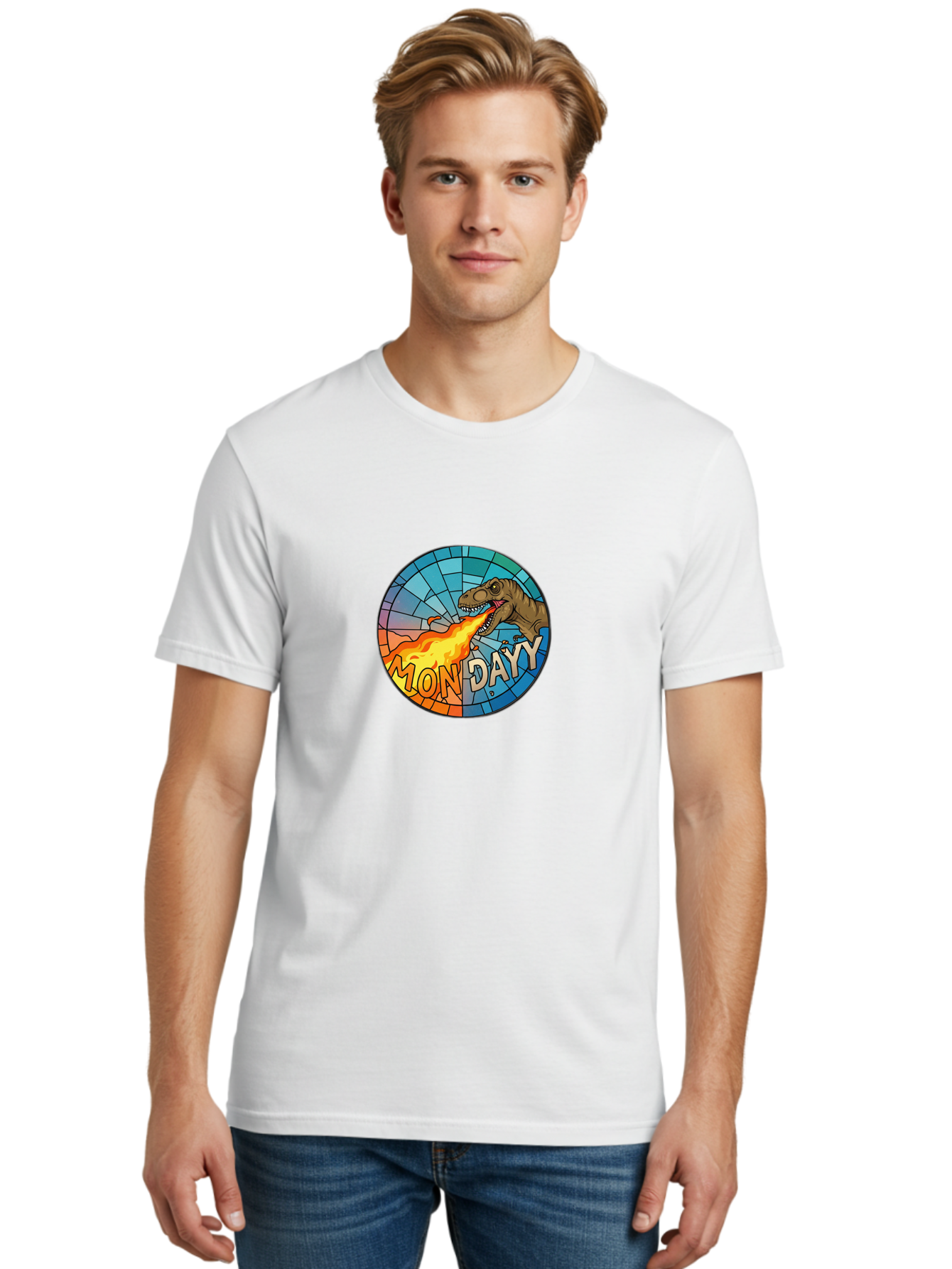 Mon-Dayy Men'S Graphic Tee, 100% Cotton, Comfortable Casual Summer Wear, Machine Washable, Cartoon T-Rex, Stained Glass Art, Fire-Breathing Dinosaur, Monday Motivation, Humorous Graphic, Bold Font, Dinosaur Artwork, Funny T-Rex Bae506