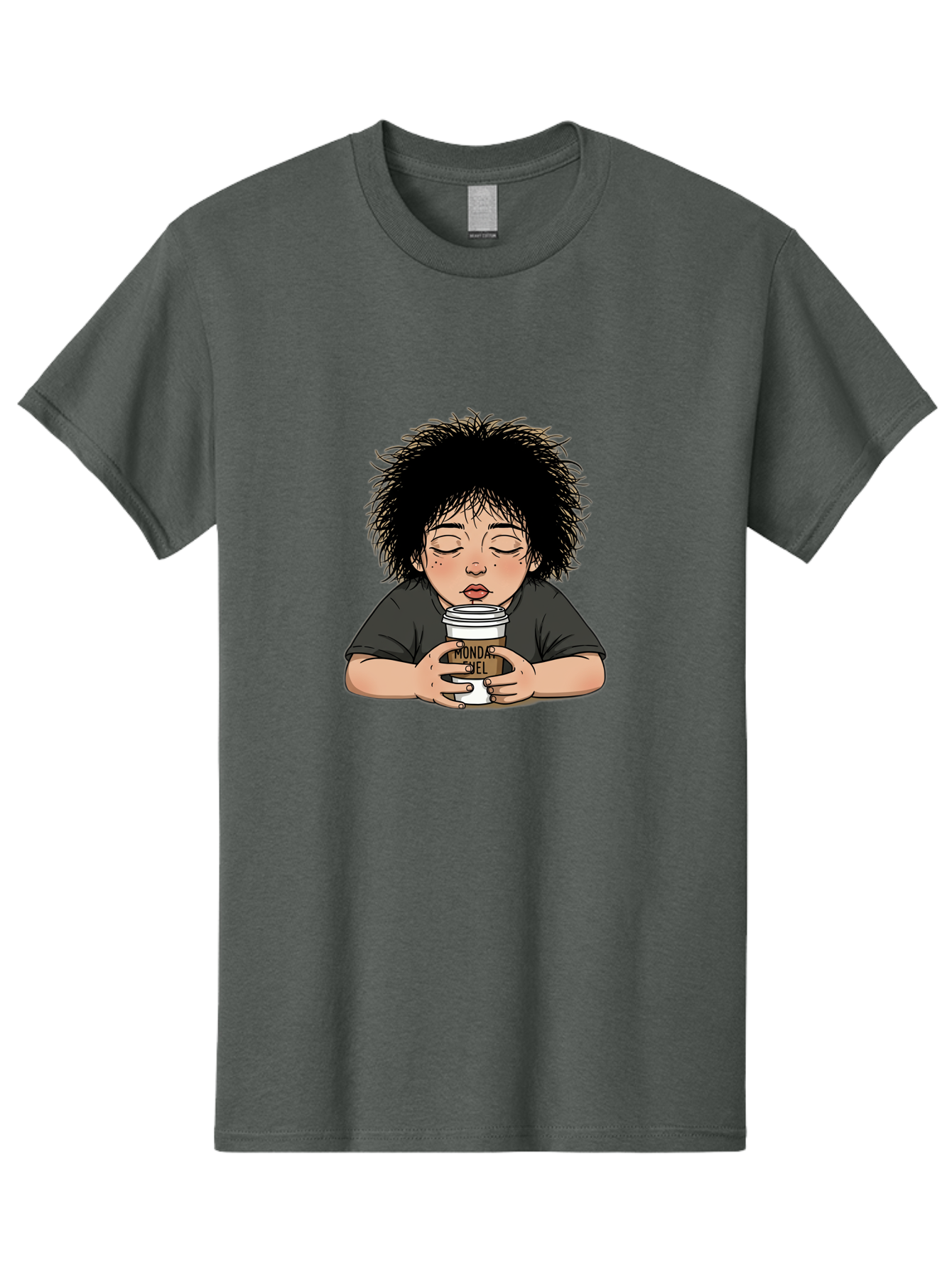 Monda-Ciel-Coffee Men'S Graphic Tee, 100% Cotton, Comfortable Casual Summer Wear, Machine Washable, Cartoon Child Drinking Coffee, Monda Jiel Coffee Cup, Relaxed Atmosphere, Coffee Culture, Morning Ritual, Coffee Lover, Black Coffee Bae507