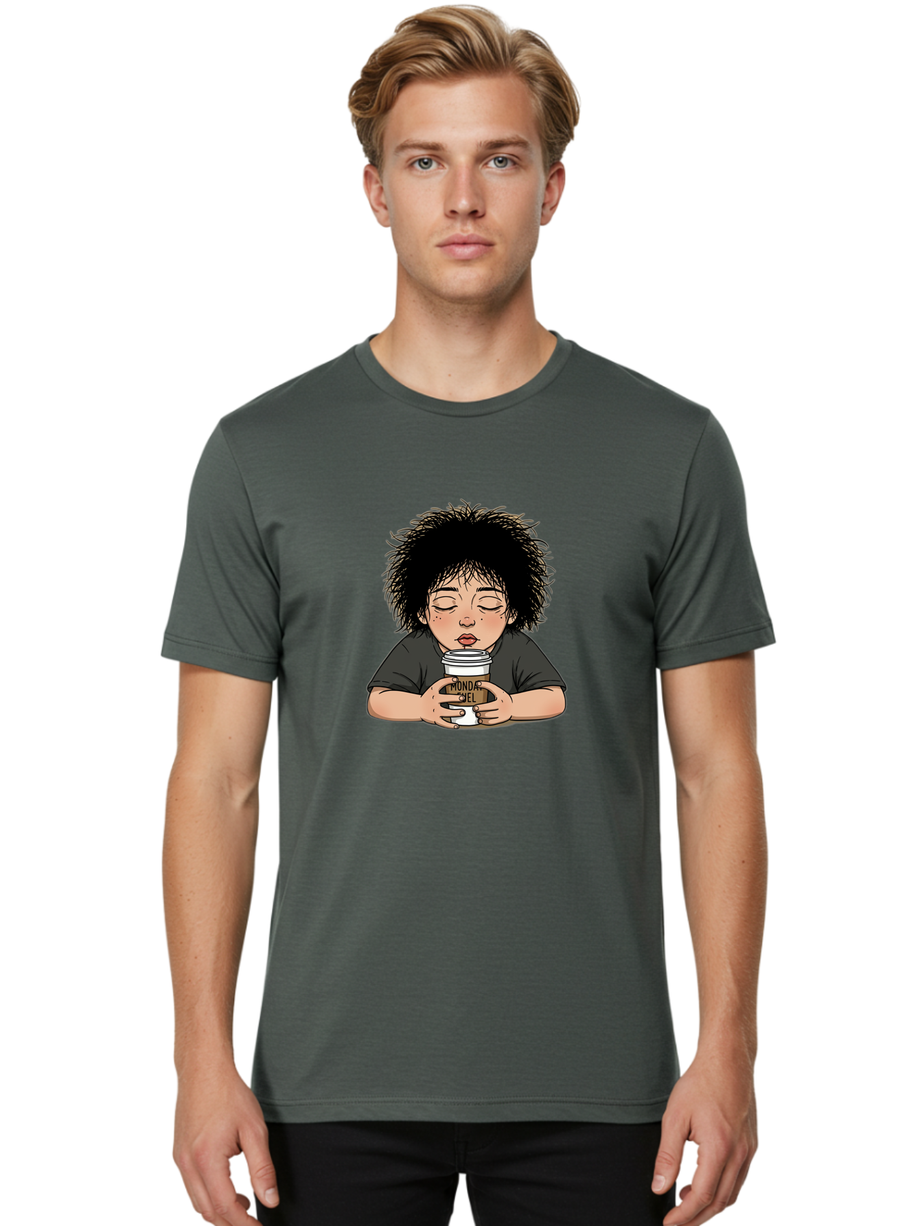 Monda-Ciel-Coffee Men'S Graphic Tee, 100% Cotton, Comfortable Casual Summer Wear, Machine Washable, Cartoon Child Drinking Coffee, Monda Jiel Coffee Cup, Relaxed Atmosphere, Coffee Culture, Morning Ritual, Coffee Lover, Black Coffee Bae507