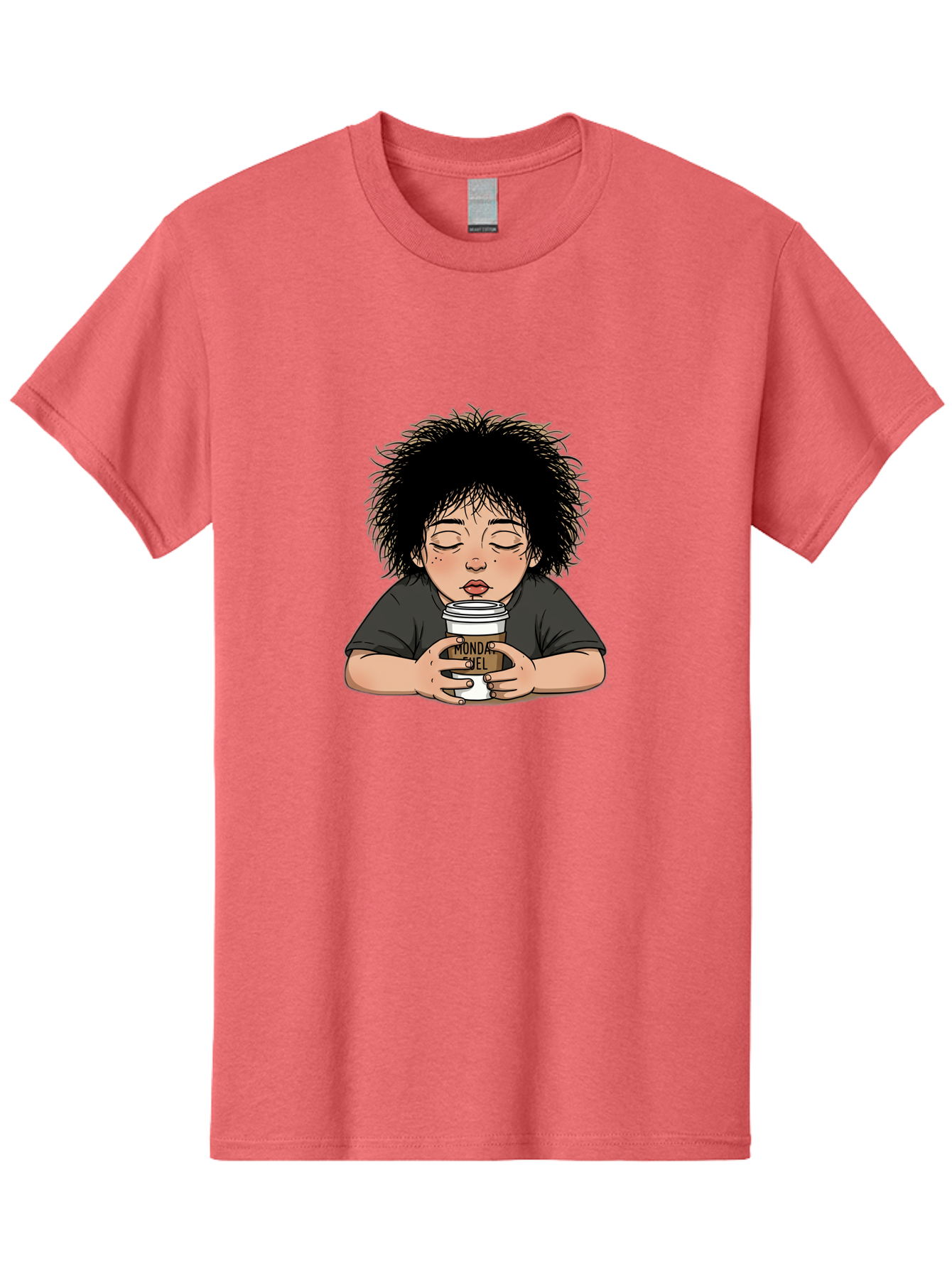 Monda-Ciel-Coffee Men'S Graphic Tee, 100% Cotton, Comfortable Casual Summer Wear, Machine Washable, Cartoon Child Drinking Coffee, Monda Jiel Coffee Cup, Relaxed Atmosphere, Coffee Culture, Morning Ritual, Coffee Lover, Black Coffee Bae507