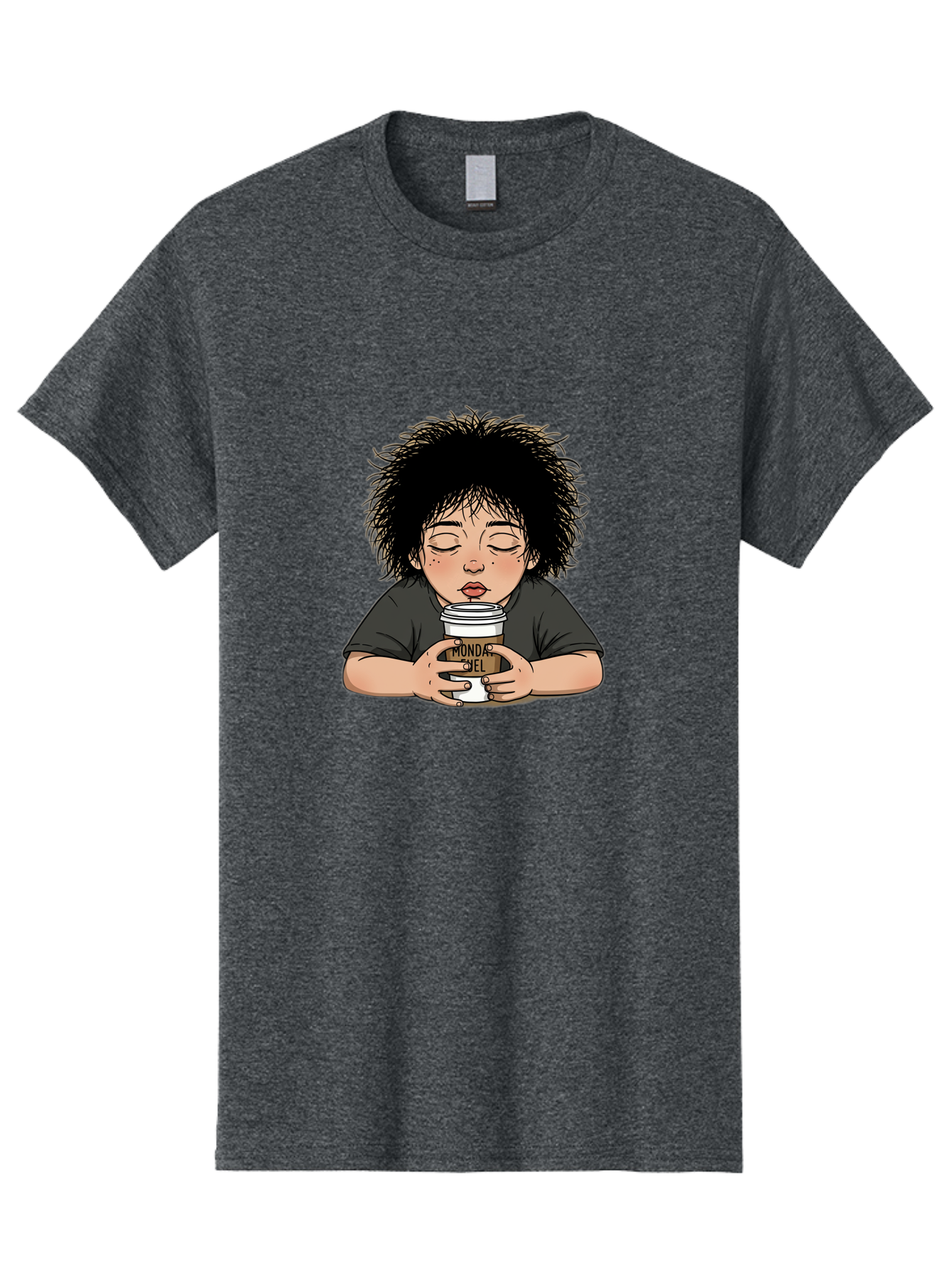 Monda-Ciel-Coffee Men'S Graphic Tee, 100% Cotton, Comfortable Casual Summer Wear, Machine Washable, Cartoon Child Drinking Coffee, Monda Jiel Coffee Cup, Relaxed Atmosphere, Coffee Culture, Morning Ritual, Coffee Lover, Black Coffee Bae507