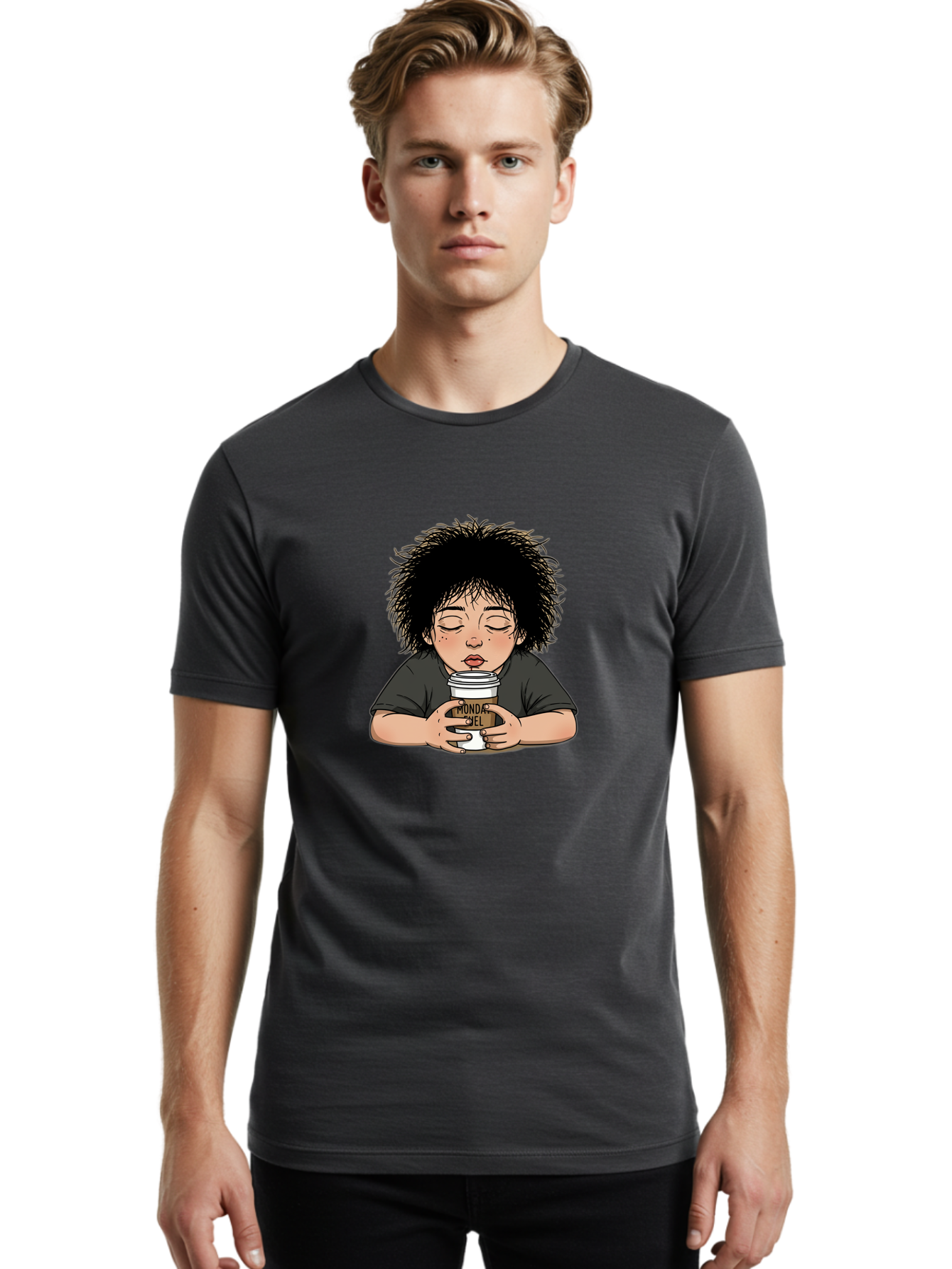 Monda-Ciel-Coffee Men'S Graphic Tee, 100% Cotton, Comfortable Casual Summer Wear, Machine Washable, Cartoon Child Drinking Coffee, Monda Jiel Coffee Cup, Relaxed Atmosphere, Coffee Culture, Morning Ritual, Coffee Lover, Black Coffee Bae507