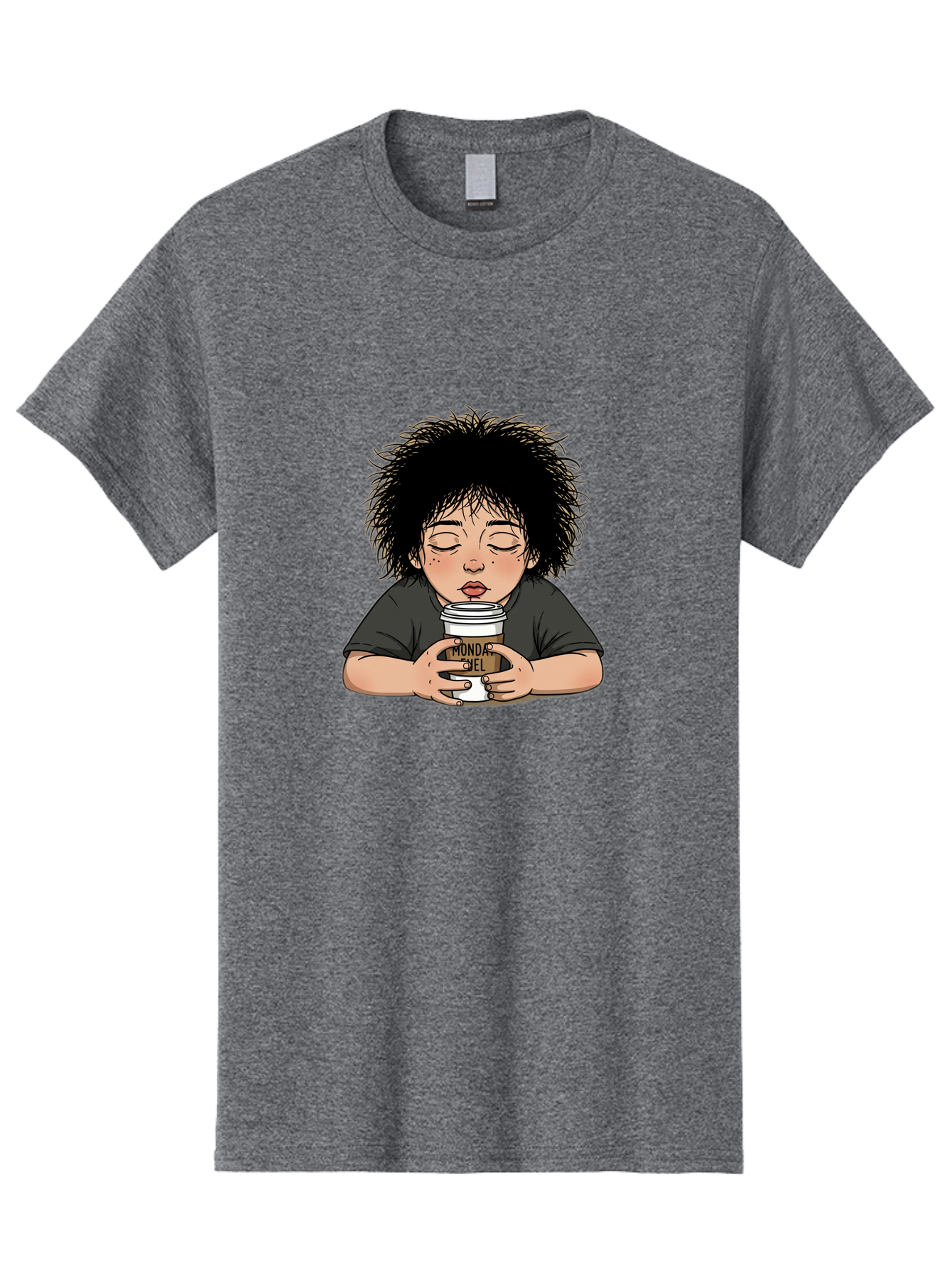 Monda-Ciel-Coffee Men'S Graphic Tee, 100% Cotton, Comfortable Casual Summer Wear, Machine Washable, Cartoon Child Drinking Coffee, Monda Jiel Coffee Cup, Relaxed Atmosphere, Coffee Culture, Morning Ritual, Coffee Lover, Black Coffee Bae507