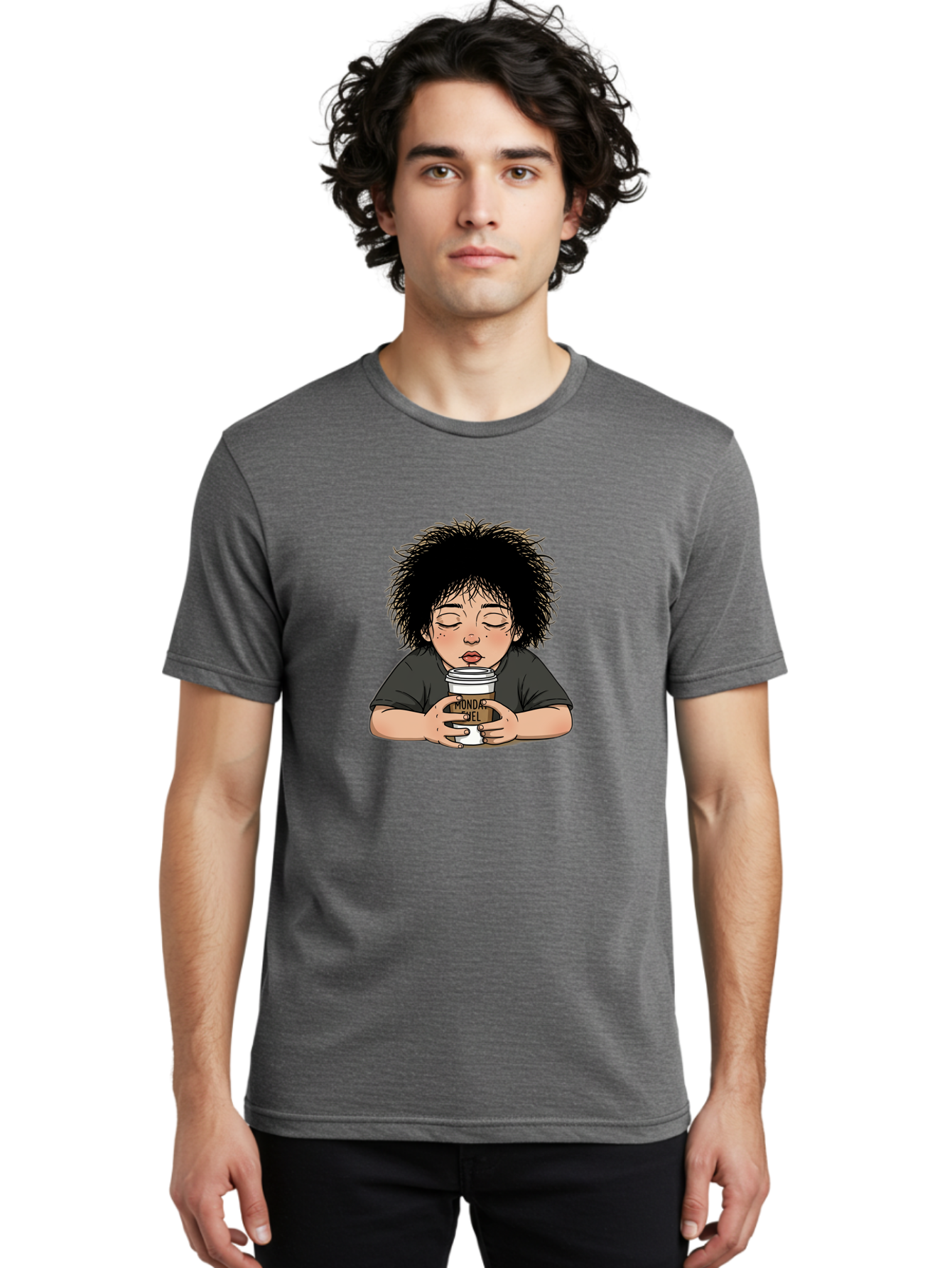 Monda-Ciel-Coffee Men'S Graphic Tee, 100% Cotton, Comfortable Casual Summer Wear, Machine Washable, Cartoon Child Drinking Coffee, Monda Jiel Coffee Cup, Relaxed Atmosphere, Coffee Culture, Morning Ritual, Coffee Lover, Black Coffee Bae507
