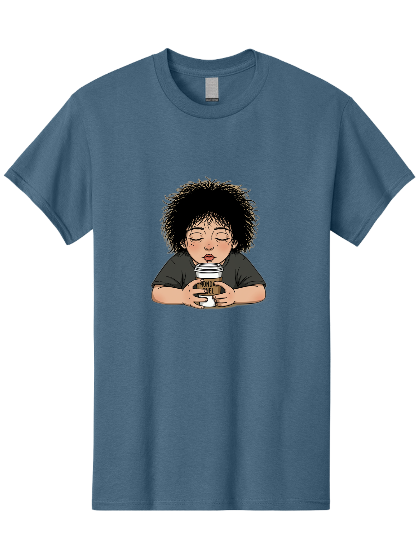 Monda-Ciel-Coffee Men'S Graphic Tee, 100% Cotton, Comfortable Casual Summer Wear, Machine Washable, Cartoon Child Drinking Coffee, Monda Jiel Coffee Cup, Relaxed Atmosphere, Coffee Culture, Morning Ritual, Coffee Lover, Black Coffee Bae507