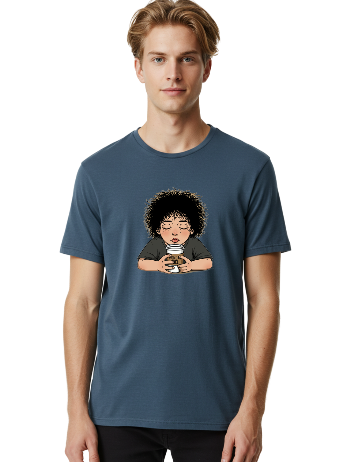 Monda-Ciel-Coffee Men'S Graphic Tee, 100% Cotton, Comfortable Casual Summer Wear, Machine Washable, Cartoon Child Drinking Coffee, Monda Jiel Coffee Cup, Relaxed Atmosphere, Coffee Culture, Morning Ritual, Coffee Lover, Black Coffee Bae507