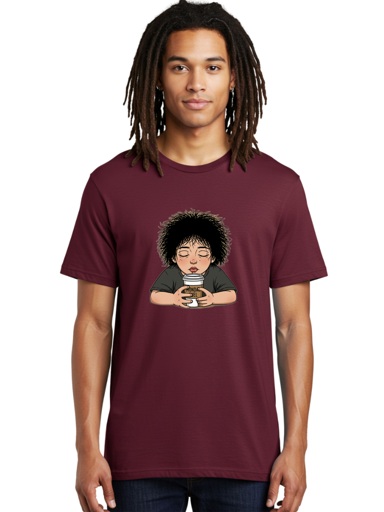 Monda-Ciel-Coffee Men'S Graphic Tee, 100% Cotton, Comfortable Casual Summer Wear, Machine Washable, Cartoon Child Drinking Coffee, Monda Jiel Coffee Cup, Relaxed Atmosphere, Coffee Culture, Morning Ritual, Coffee Lover, Black Coffee Bae507