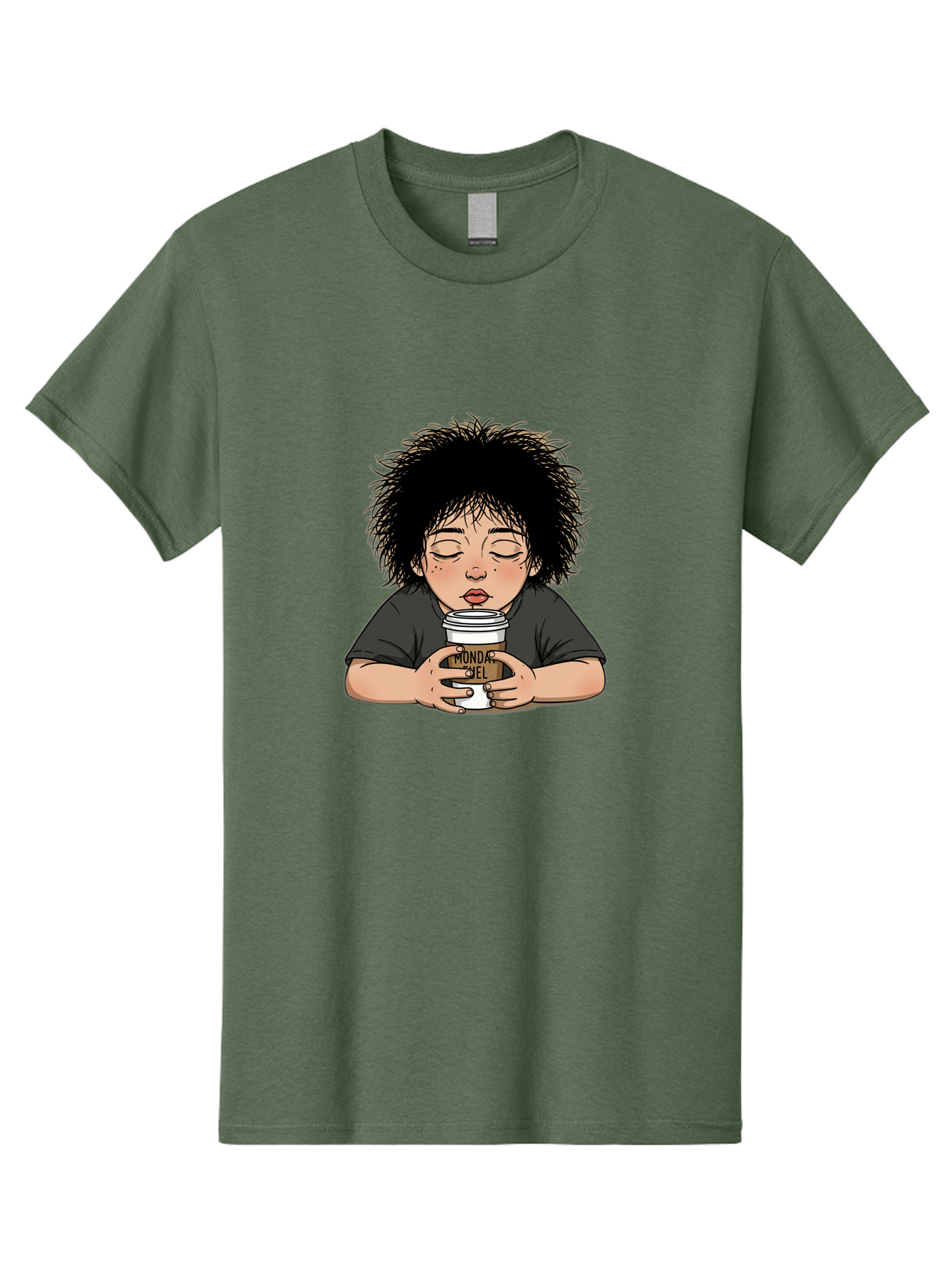 Monda-Ciel-Coffee Men'S Graphic Tee, 100% Cotton, Comfortable Casual Summer Wear, Machine Washable, Cartoon Child Drinking Coffee, Monda Jiel Coffee Cup, Relaxed Atmosphere, Coffee Culture, Morning Ritual, Coffee Lover, Black Coffee Bae507