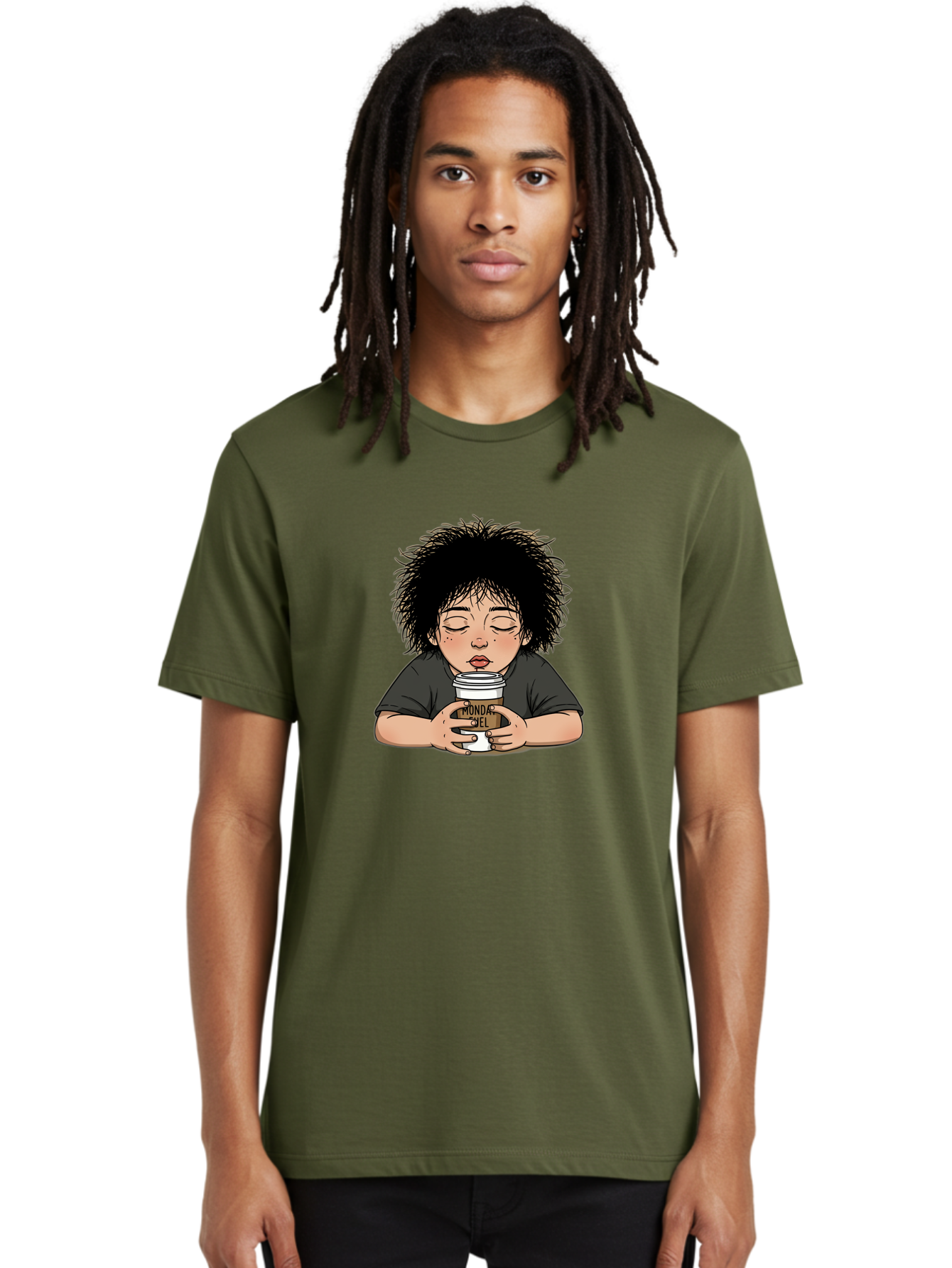 Monda-Ciel-Coffee Men'S Graphic Tee, 100% Cotton, Comfortable Casual Summer Wear, Machine Washable, Cartoon Child Drinking Coffee, Monda Jiel Coffee Cup, Relaxed Atmosphere, Coffee Culture, Morning Ritual, Coffee Lover, Black Coffee Bae507