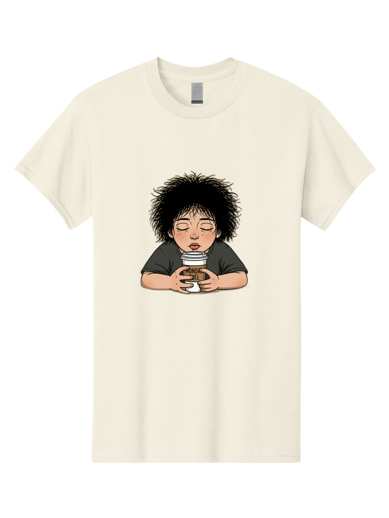 Monda-Ciel-Coffee Men'S Graphic Tee, 100% Cotton, Comfortable Casual Summer Wear, Machine Washable, Cartoon Child Drinking Coffee, Monda Jiel Coffee Cup, Relaxed Atmosphere, Coffee Culture, Morning Ritual, Coffee Lover, Black Coffee Bae507