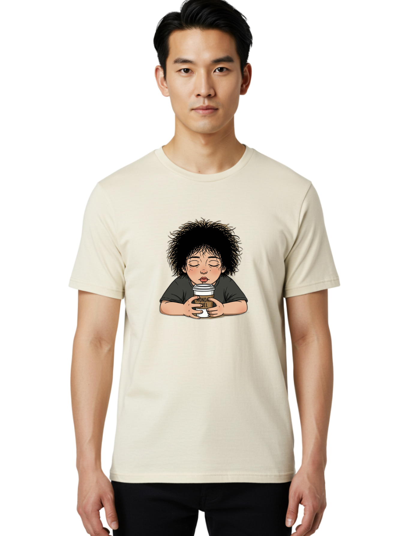 Monda-Ciel-Coffee Men'S Graphic Tee, 100% Cotton, Comfortable Casual Summer Wear, Machine Washable, Cartoon Child Drinking Coffee, Monda Jiel Coffee Cup, Relaxed Atmosphere, Coffee Culture, Morning Ritual, Coffee Lover, Black Coffee Bae507