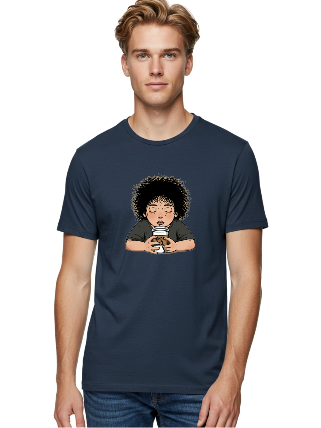Monda-Ciel-Coffee Men'S Graphic Tee, 100% Cotton, Comfortable Casual Summer Wear, Machine Washable, Cartoon Child Drinking Coffee, Monda Jiel Coffee Cup, Relaxed Atmosphere, Coffee Culture, Morning Ritual, Coffee Lover, Black Coffee Bae507
