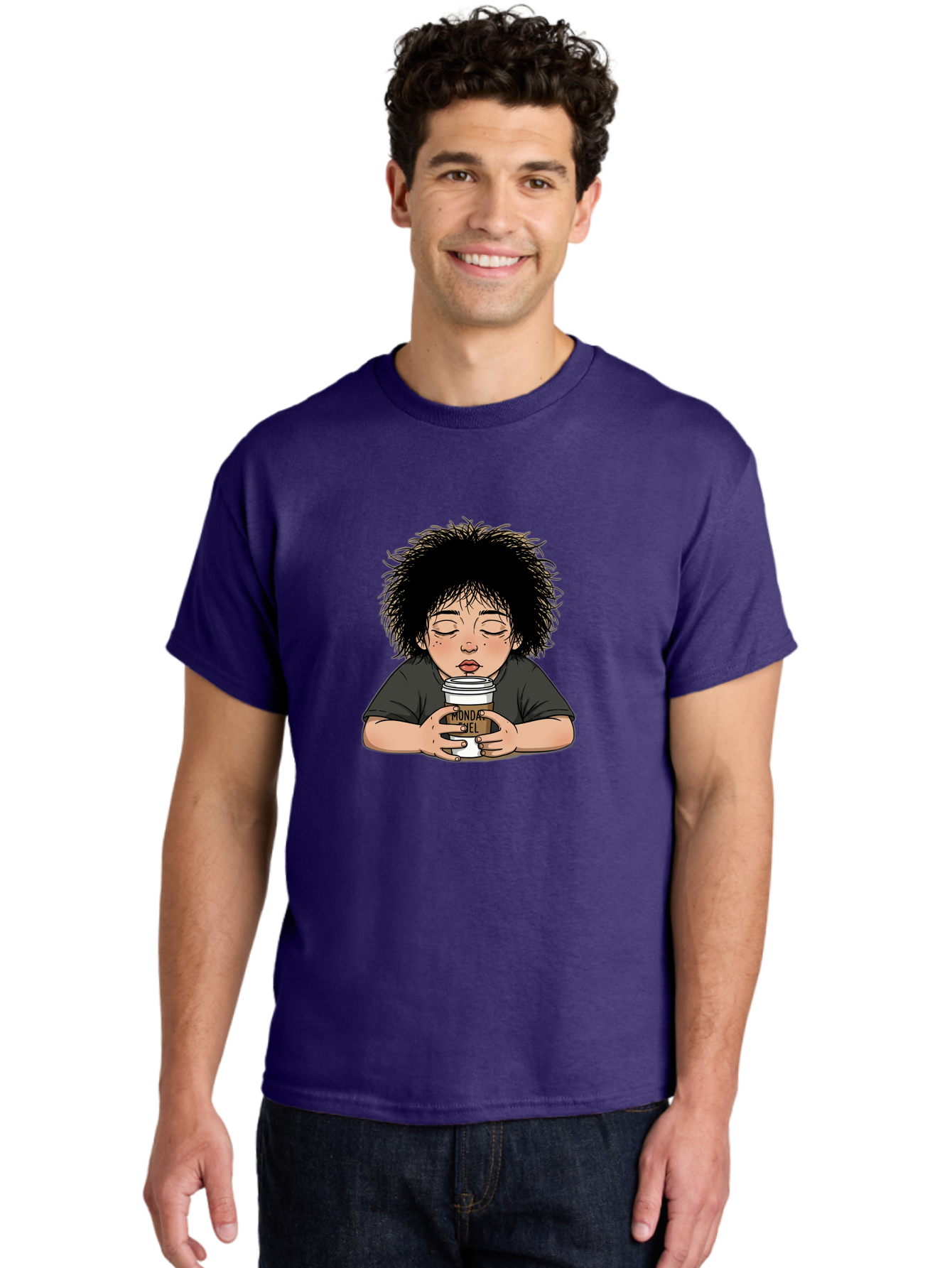 Monda-Ciel-Coffee Men'S Graphic Tee, 100% Cotton, Comfortable Casual Summer Wear, Machine Washable, Cartoon Child Drinking Coffee, Monda Jiel Coffee Cup, Relaxed Atmosphere, Coffee Culture, Morning Ritual, Coffee Lover, Black Coffee Bae507