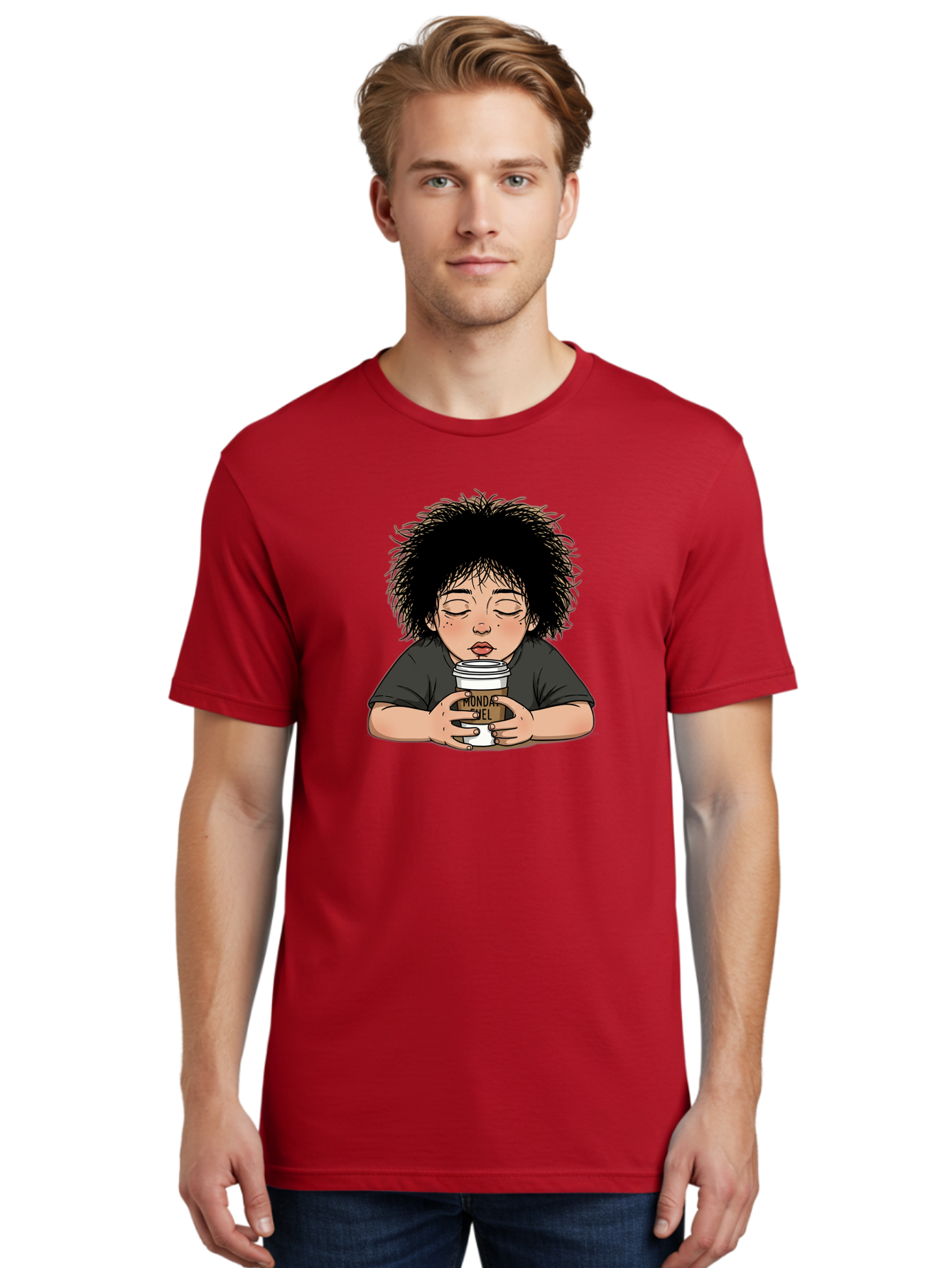 Monda-Ciel-Coffee Men'S Graphic Tee, 100% Cotton, Comfortable Casual Summer Wear, Machine Washable, Cartoon Child Drinking Coffee, Monda Jiel Coffee Cup, Relaxed Atmosphere, Coffee Culture, Morning Ritual, Coffee Lover, Black Coffee Bae507