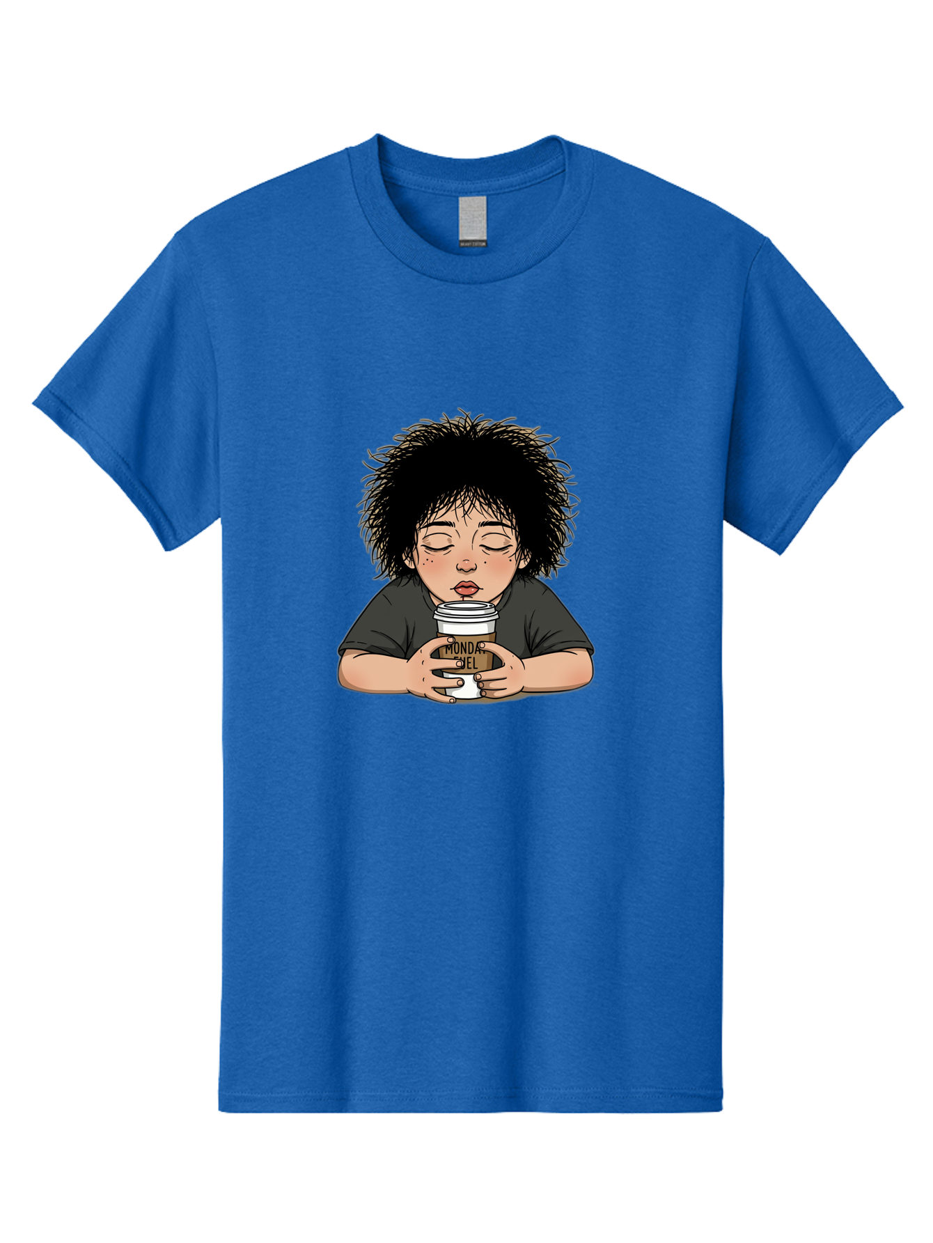 Monda-Ciel-Coffee Men'S Graphic Tee, 100% Cotton, Comfortable Casual Summer Wear, Machine Washable, Cartoon Child Drinking Coffee, Monda Jiel Coffee Cup, Relaxed Atmosphere, Coffee Culture, Morning Ritual, Coffee Lover, Black Coffee Bae507