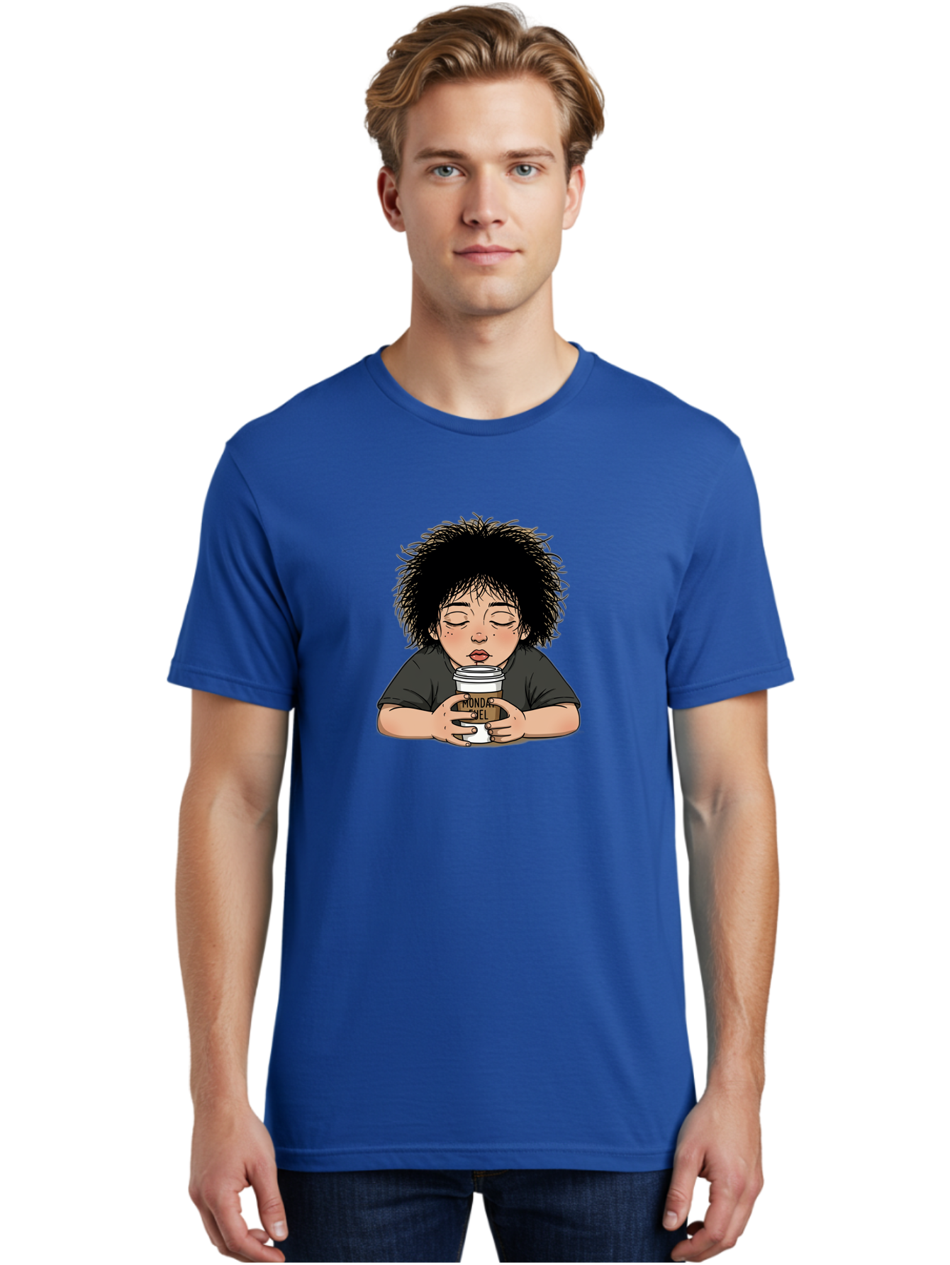Monda-Ciel-Coffee Men'S Graphic Tee, 100% Cotton, Comfortable Casual Summer Wear, Machine Washable, Cartoon Child Drinking Coffee, Monda Jiel Coffee Cup, Relaxed Atmosphere, Coffee Culture, Morning Ritual, Coffee Lover, Black Coffee Bae507