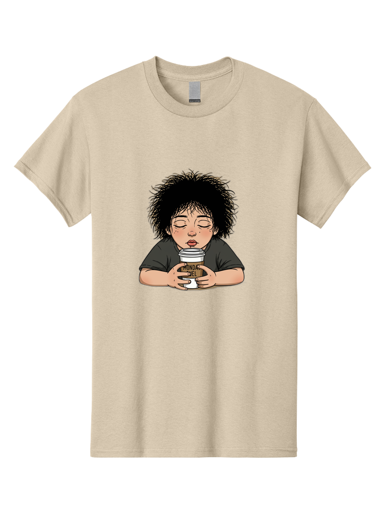 Monda-Ciel-Coffee Men'S Graphic Tee, 100% Cotton, Comfortable Casual Summer Wear, Machine Washable, Cartoon Child Drinking Coffee, Monda Jiel Coffee Cup, Relaxed Atmosphere, Coffee Culture, Morning Ritual, Coffee Lover, Black Coffee Bae507
