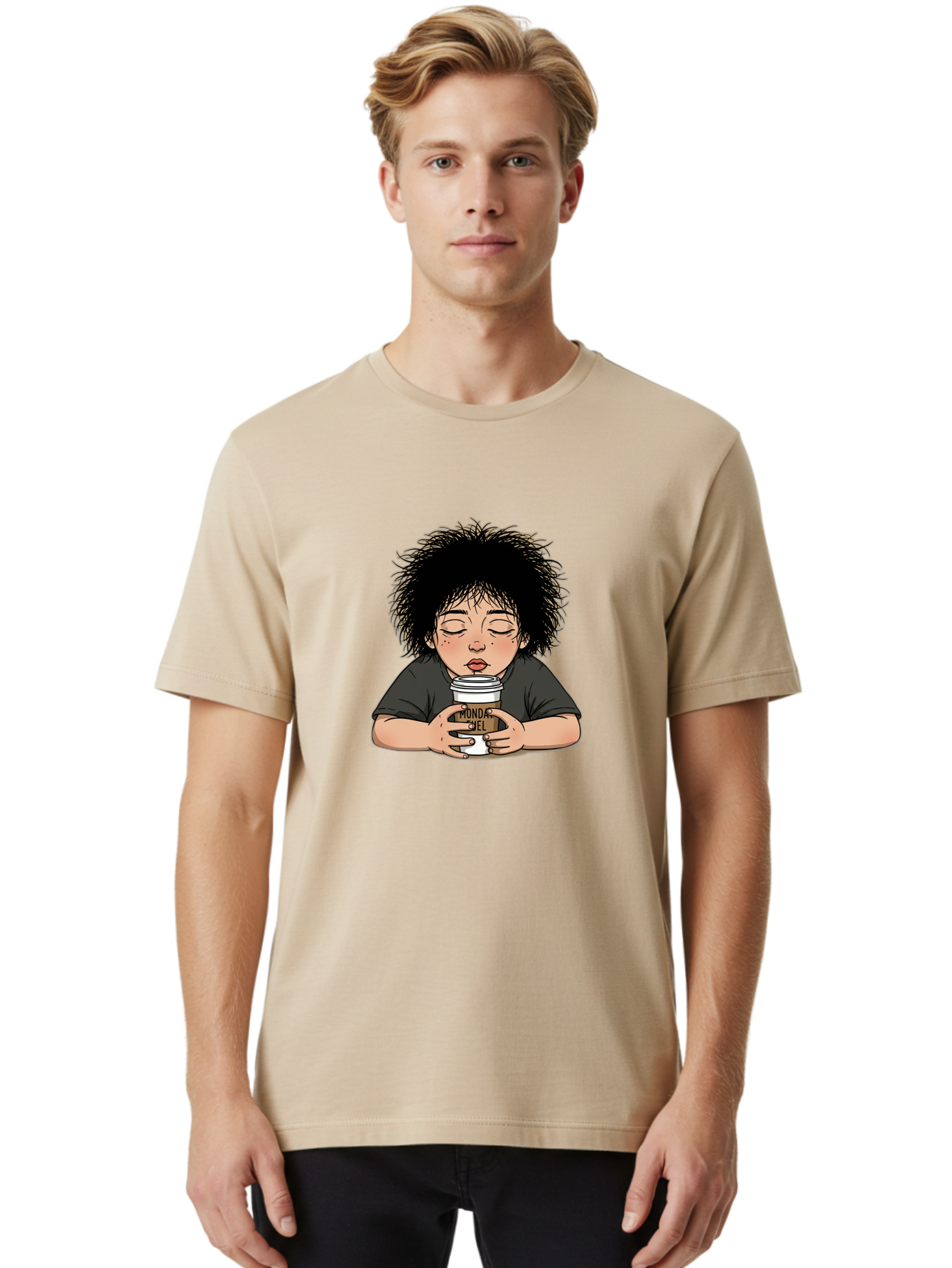 Monda-Ciel-Coffee Men'S Graphic Tee, 100% Cotton, Comfortable Casual Summer Wear, Machine Washable, Cartoon Child Drinking Coffee, Monda Jiel Coffee Cup, Relaxed Atmosphere, Coffee Culture, Morning Ritual, Coffee Lover, Black Coffee Bae507
