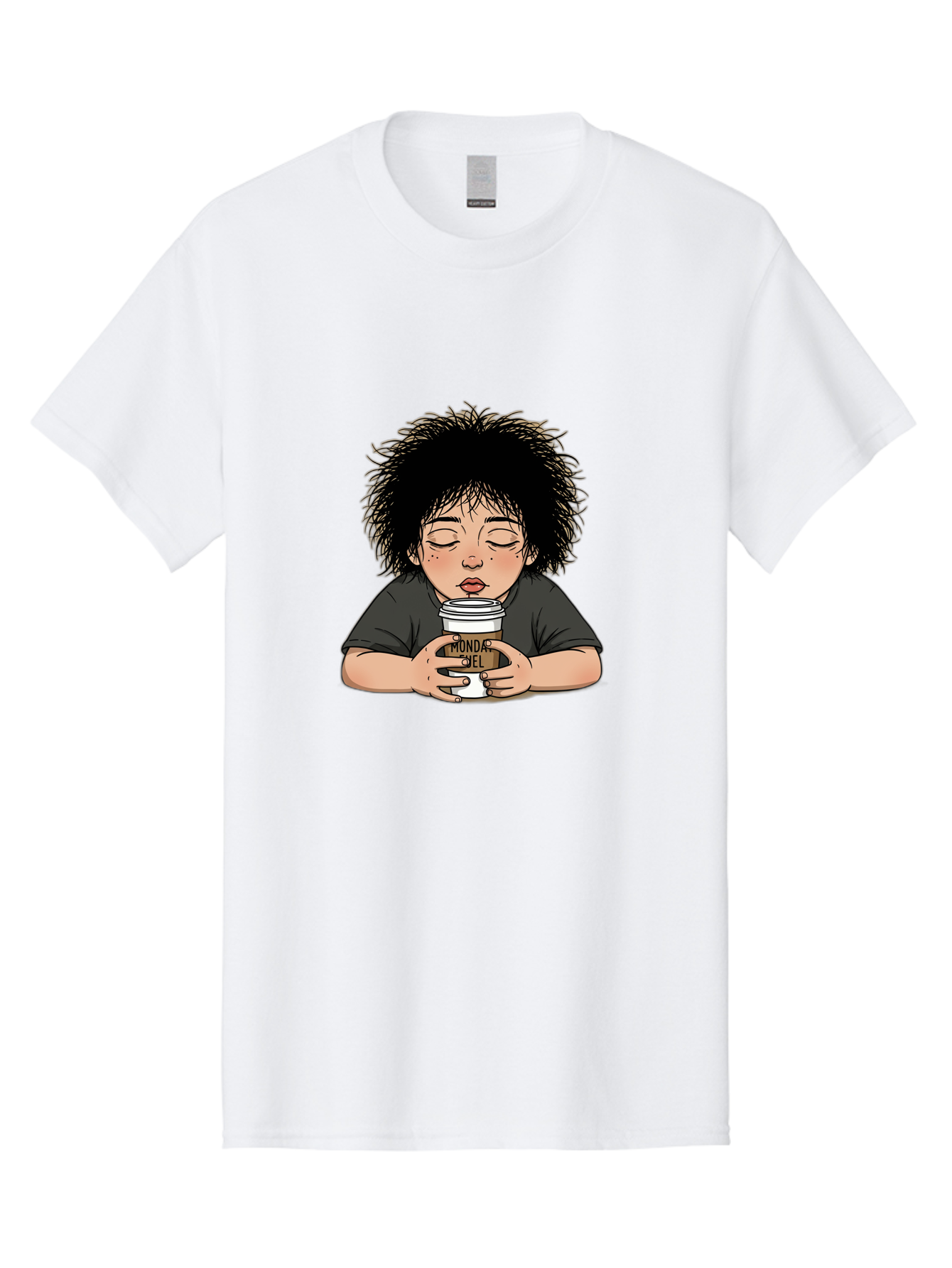 Monda-Ciel-Coffee Men'S Graphic Tee, 100% Cotton, Comfortable Casual Summer Wear, Machine Washable, Cartoon Child Drinking Coffee, Monda Jiel Coffee Cup, Relaxed Atmosphere, Coffee Culture, Morning Ritual, Coffee Lover, Black Coffee Bae507