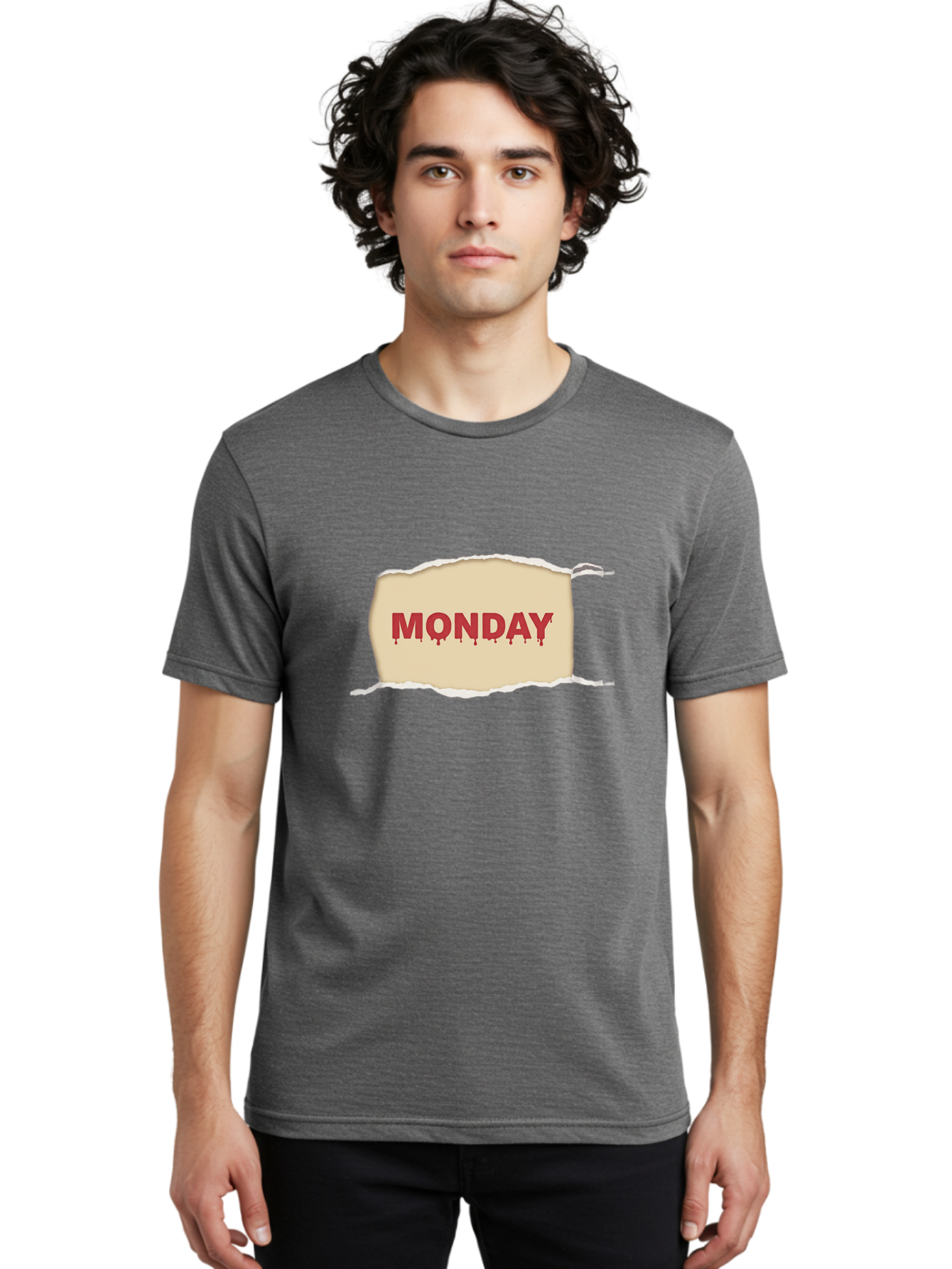 Monday-1 Men'S Graphic Tee, 100% Cotton, Comfortable Casual Summer Wear, Machine Washable, Monday Motivation, Bloody Monday, Torn Paper Effect, Bold Typography, Horror Theme, Dripping Blood, Monday Blues, Workweek Anxiety, Gothic Style Bae508