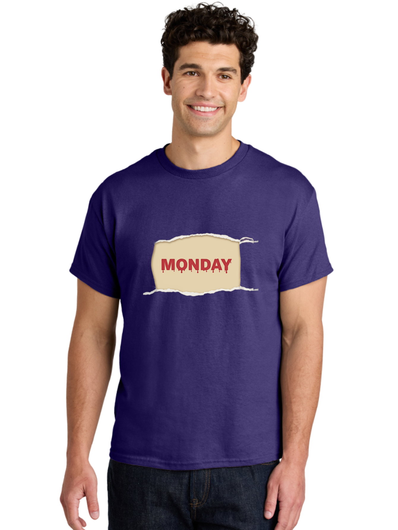 Monday-1 Men'S Graphic Tee, 100% Cotton, Comfortable Casual Summer Wear, Machine Washable, Monday Motivation, Bloody Monday, Torn Paper Effect, Bold Typography, Horror Theme, Dripping Blood, Monday Blues, Workweek Anxiety, Gothic Style Bae508
