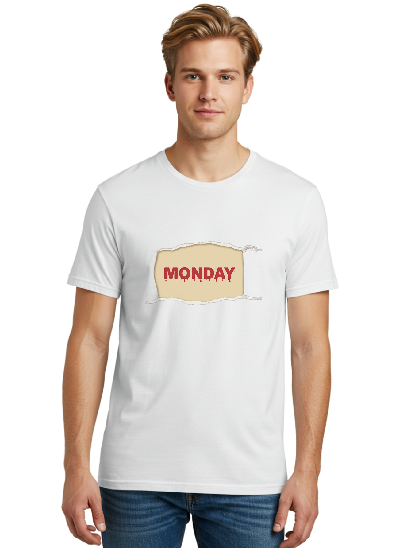 Monday-1 Men'S Graphic Tee, 100% Cotton, Comfortable Casual Summer Wear, Machine Washable, Monday Motivation, Bloody Monday, Torn Paper Effect, Bold Typography, Horror Theme, Dripping Blood, Monday Blues, Workweek Anxiety, Gothic Style Bae508
