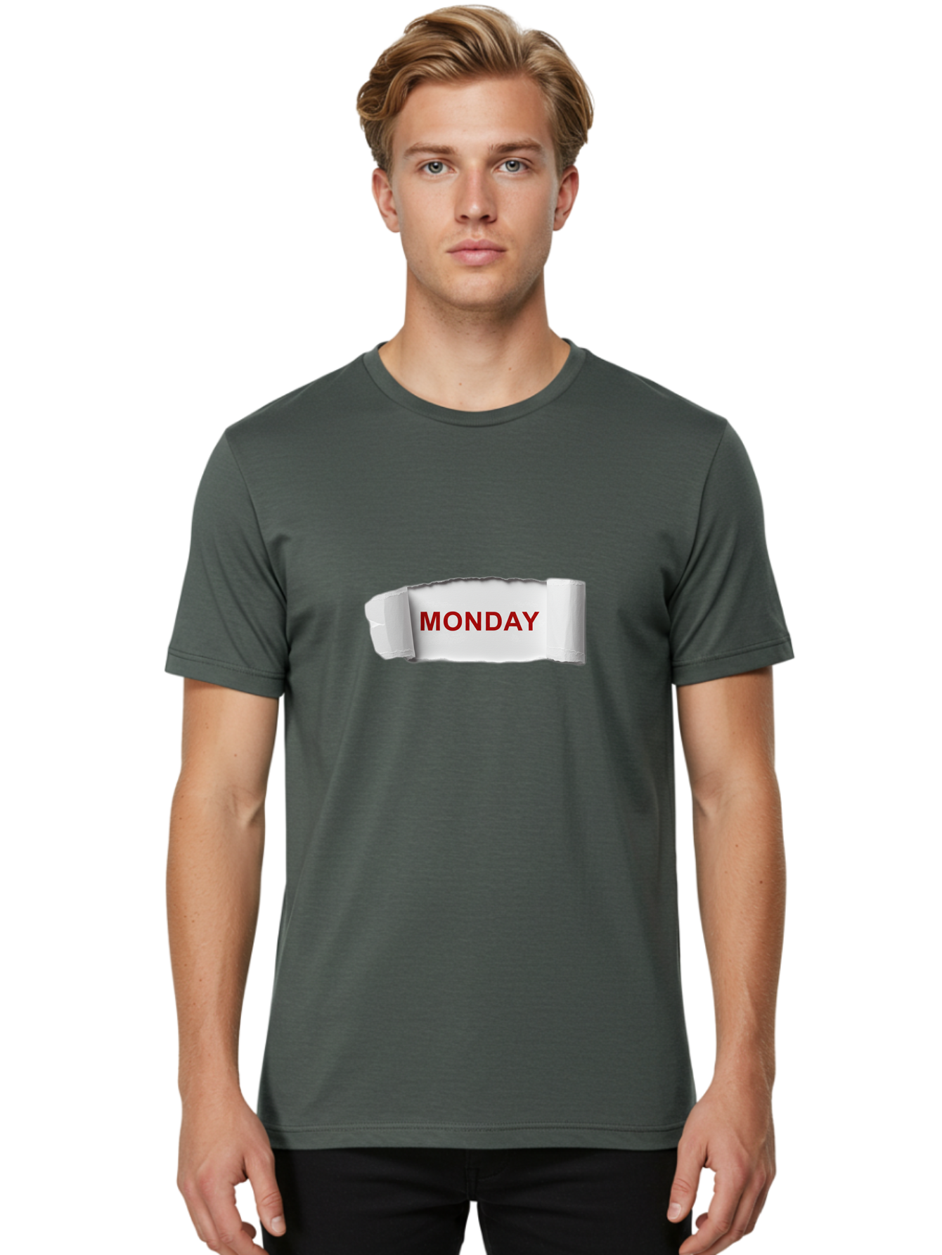 Monday-4 Men'S Graphic Tee, 100% Cotton, Comfortable Casual Summer Wear, Machine Washable, Monday Motivation, Ripped Paper Effect, Red Text, Bold Font, Creative Design, Office Supplies, Workplace Inspiration, Calendar Day, Weekly Reminder Bae511