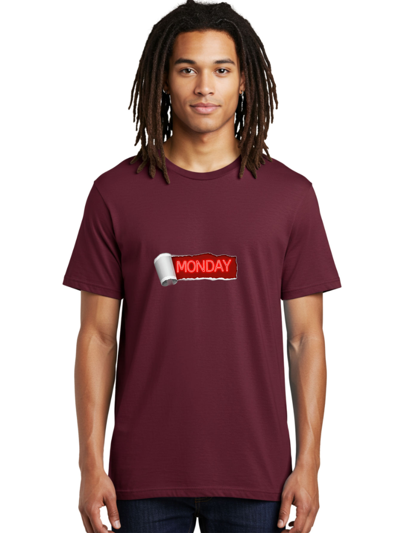 Monday-5 Men'S Graphic Tee, 100% Cotton, Comfortable Casual Summer Wear, Machine Washable, Monday Text, Ripped Paper Effect, Red And White Color Scheme, Bold Font, Weekly Reminder, Morning Motivation, Day Of The Week, Calendar Label Bae512