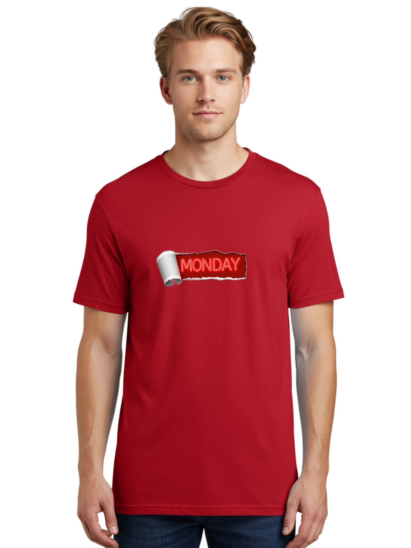 Monday-5 Men'S Graphic Tee, 100% Cotton, Comfortable Casual Summer Wear, Machine Washable, Monday Text, Ripped Paper Effect, Red And White Color Scheme, Bold Font, Weekly Reminder, Morning Motivation, Day Of The Week, Calendar Label Bae512