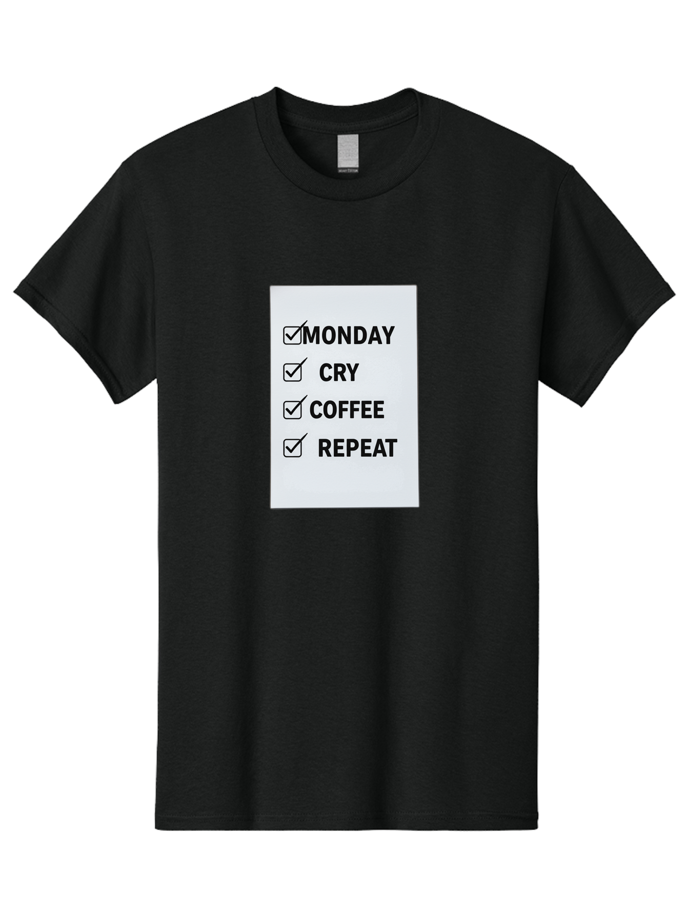 Monday-Cry-Coffee-Repeat-1 Men'S Graphic Tee, 100% Cotton, Comfortable Casual Summer Wear, Machine Washable, Monday Motivation, Funny To-Do List, Coffee Humor, Monday Blues, Office Humor, Work Life Balance, Morning Routine, Coffee Break Bae514