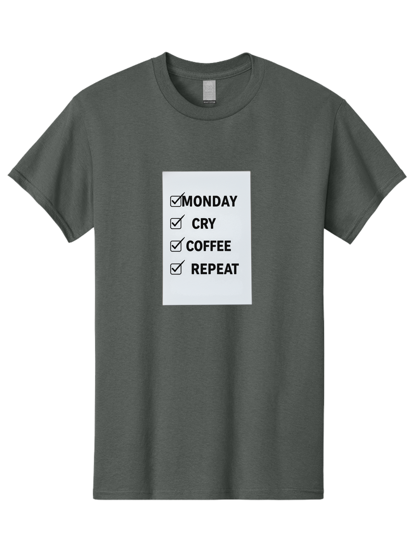 Monday-Cry-Coffee-Repeat-1 Men'S Graphic Tee, 100% Cotton, Comfortable Casual Summer Wear, Machine Washable, Monday Motivation, Funny To-Do List, Coffee Humor, Monday Blues, Office Humor, Work Life Balance, Morning Routine, Coffee Break Bae514