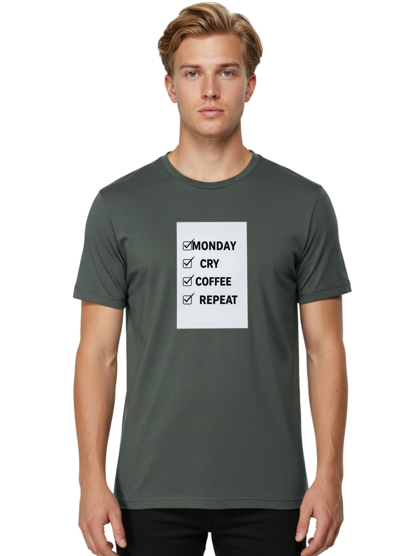 Monday-Cry-Coffee-Repeat-1 Men'S Graphic Tee, 100% Cotton, Comfortable Casual Summer Wear, Machine Washable, Monday Motivation, Funny To-Do List, Coffee Humor, Monday Blues, Office Humor, Work Life Balance, Morning Routine, Coffee Break Bae514