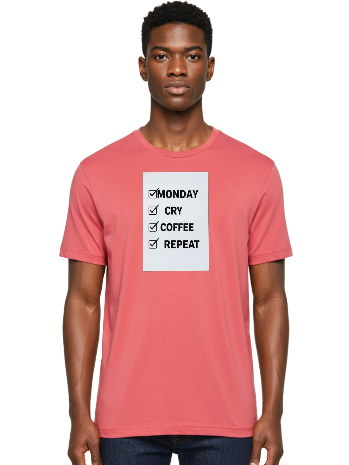 Monday-Cry-Coffee-Repeat-1 Men'S Graphic Tee, 100% Cotton, Comfortable Casual Summer Wear, Machine Washable, Monday Motivation, Funny To-Do List, Coffee Humor, Monday Blues, Office Humor, Work Life Balance, Morning Routine, Coffee Break Bae514