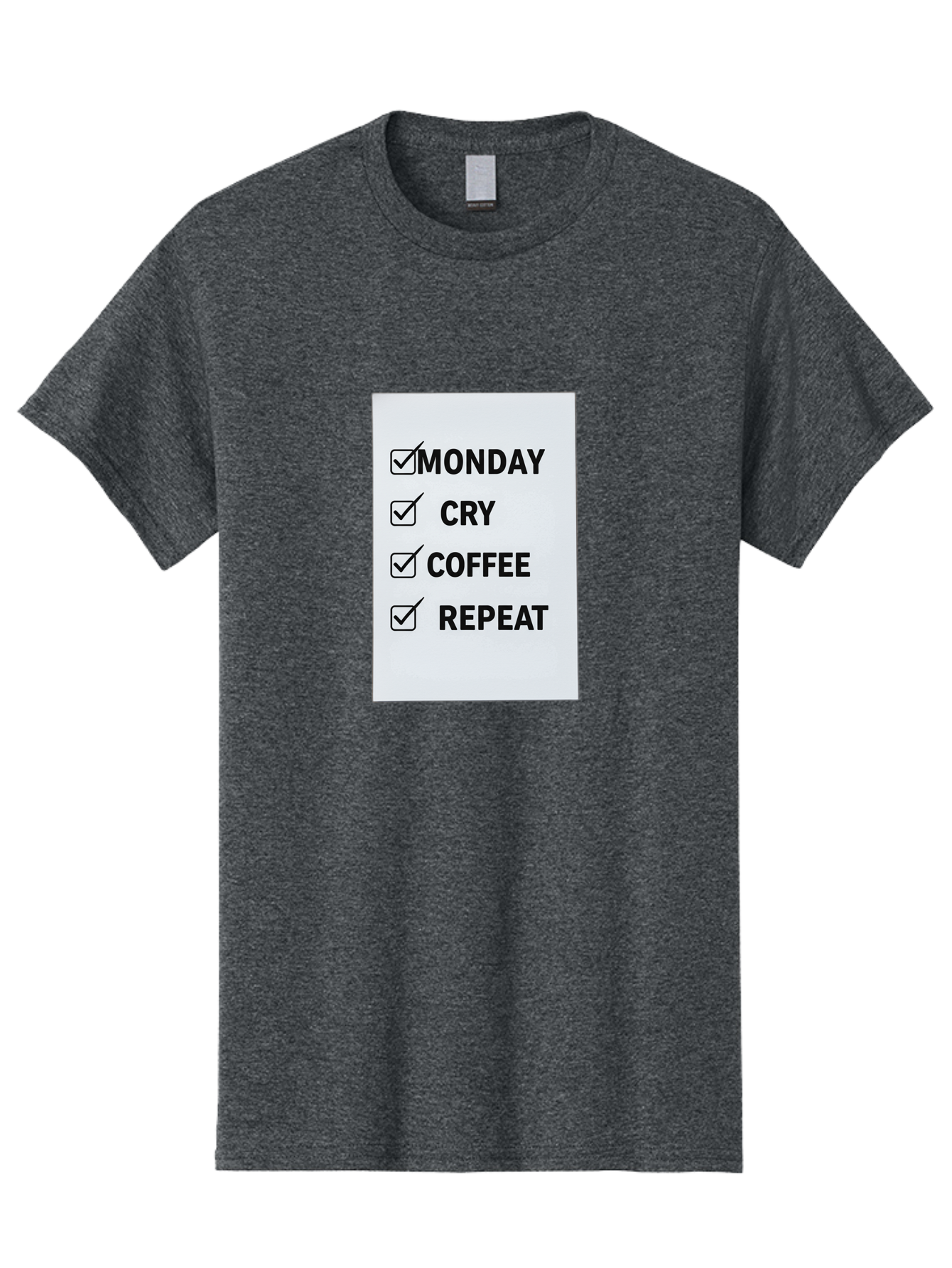 Monday-Cry-Coffee-Repeat-1 Men'S Graphic Tee, 100% Cotton, Comfortable Casual Summer Wear, Machine Washable, Monday Motivation, Funny To-Do List, Coffee Humor, Monday Blues, Office Humor, Work Life Balance, Morning Routine, Coffee Break Bae514