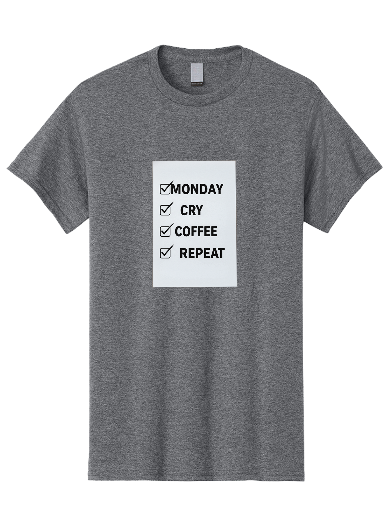 Monday-Cry-Coffee-Repeat-1 Men'S Graphic Tee, 100% Cotton, Comfortable Casual Summer Wear, Machine Washable, Monday Motivation, Funny To-Do List, Coffee Humor, Monday Blues, Office Humor, Work Life Balance, Morning Routine, Coffee Break Bae514
