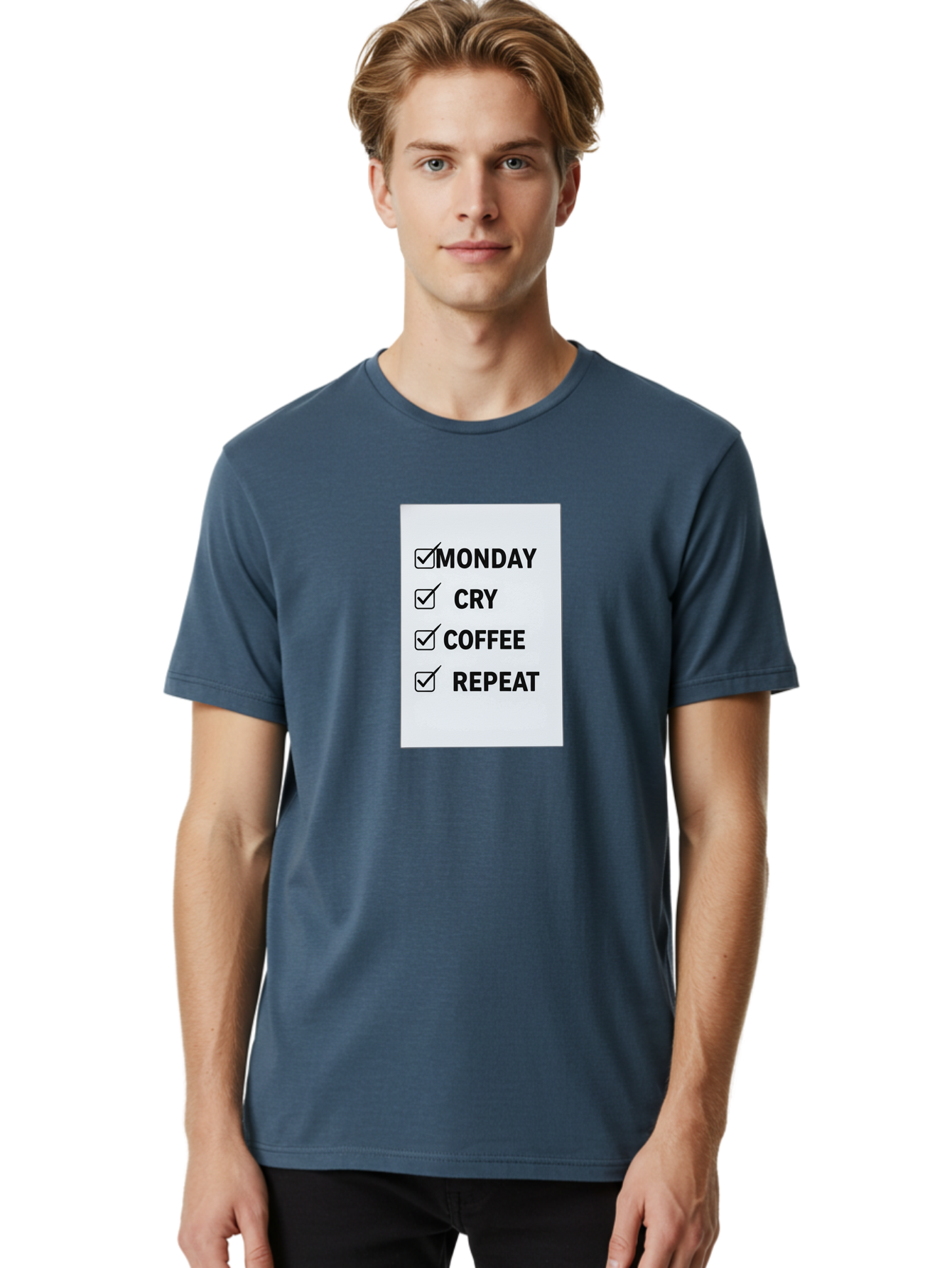 Monday-Cry-Coffee-Repeat-1 Men'S Graphic Tee, 100% Cotton, Comfortable Casual Summer Wear, Machine Washable, Monday Motivation, Funny To-Do List, Coffee Humor, Monday Blues, Office Humor, Work Life Balance, Morning Routine, Coffee Break Bae514