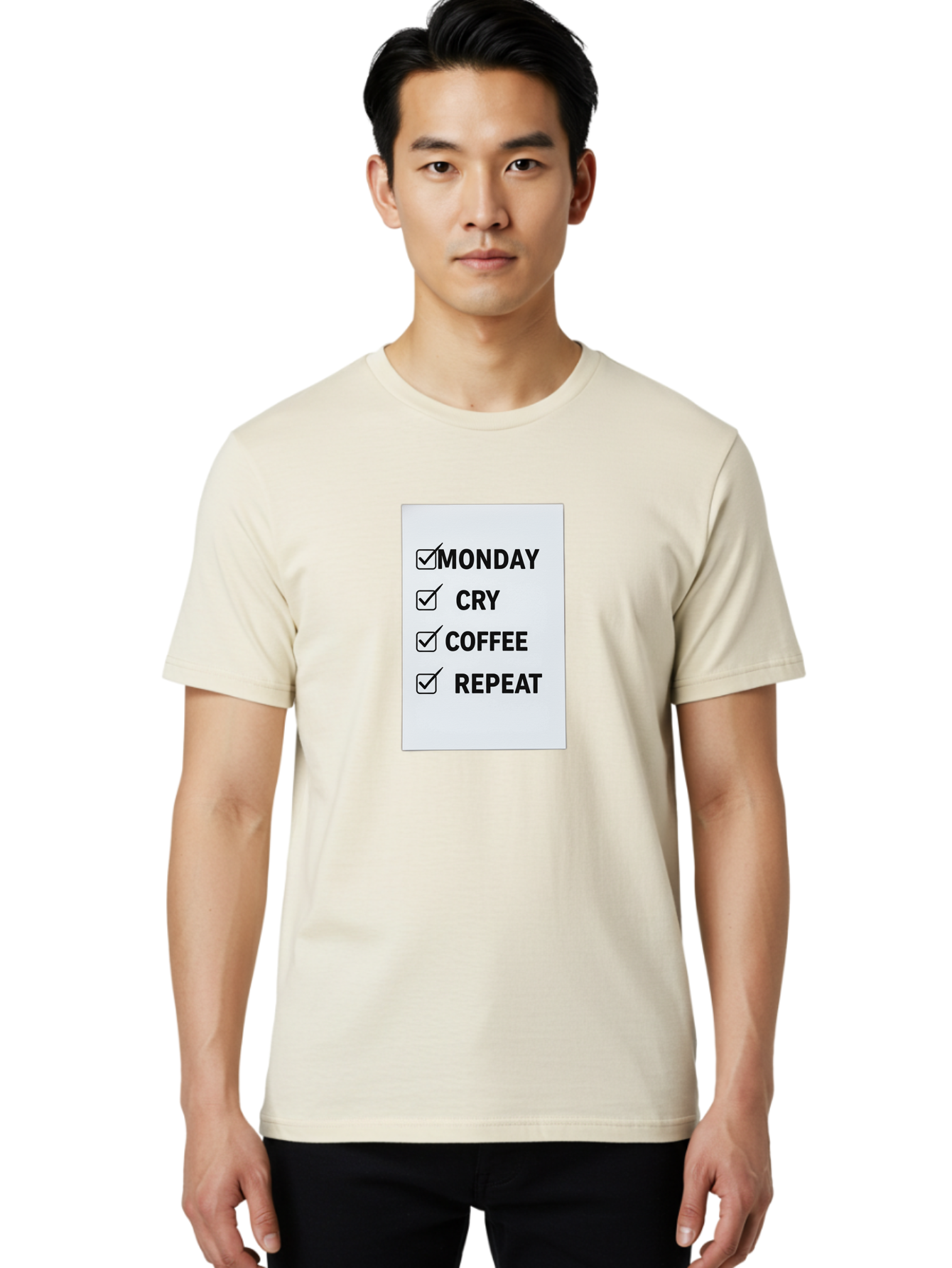 Monday-Cry-Coffee-Repeat-1 Men'S Graphic Tee, 100% Cotton, Comfortable Casual Summer Wear, Machine Washable, Monday Motivation, Funny To-Do List, Coffee Humor, Monday Blues, Office Humor, Work Life Balance, Morning Routine, Coffee Break Bae514