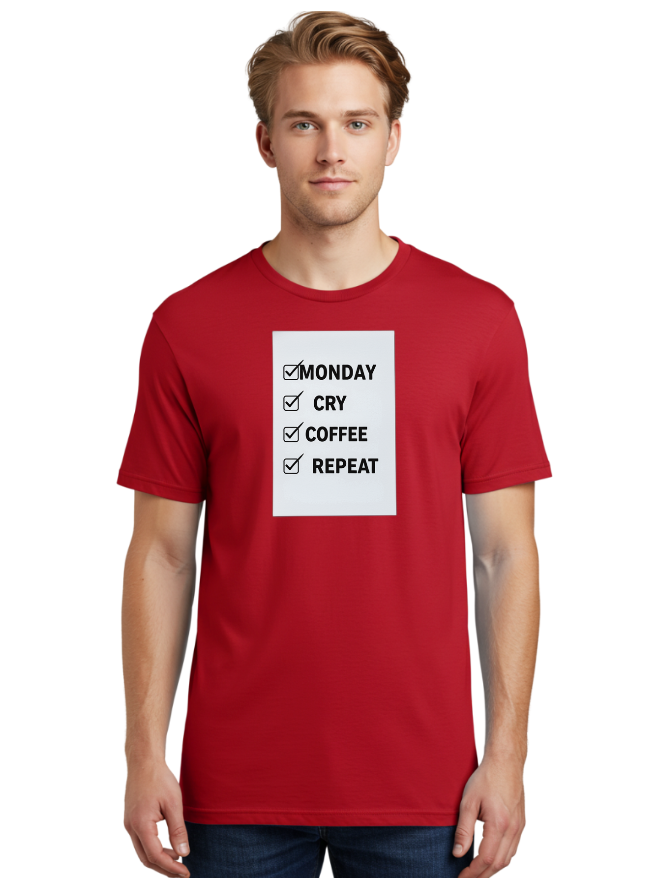 Monday-Cry-Coffee-Repeat-1 Men'S Graphic Tee, 100% Cotton, Comfortable Casual Summer Wear, Machine Washable, Monday Motivation, Funny To-Do List, Coffee Humor, Monday Blues, Office Humor, Work Life Balance, Morning Routine, Coffee Break Bae514