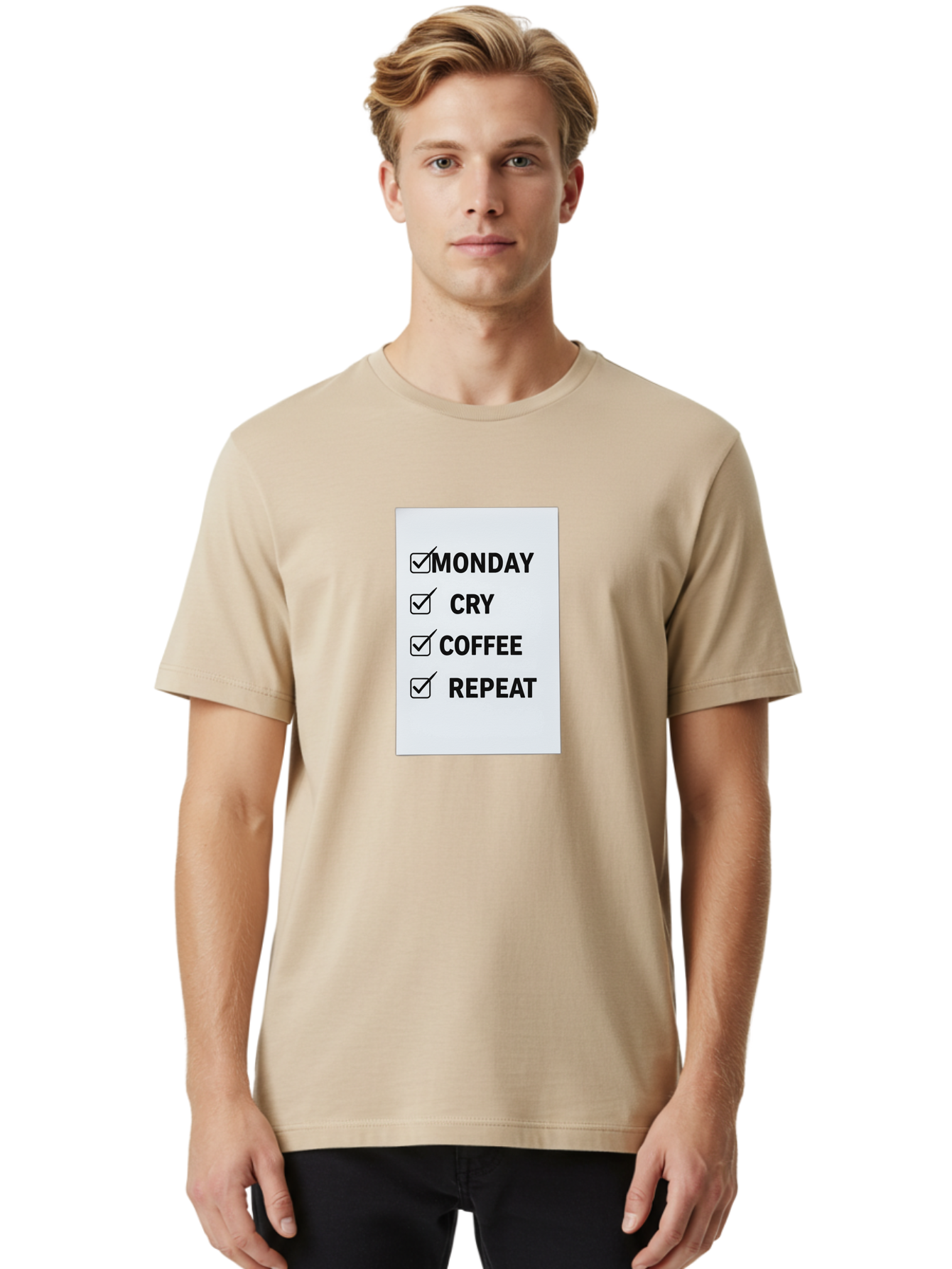 Monday-Cry-Coffee-Repeat-1 Men'S Graphic Tee, 100% Cotton, Comfortable Casual Summer Wear, Machine Washable, Monday Motivation, Funny To-Do List, Coffee Humor, Monday Blues, Office Humor, Work Life Balance, Morning Routine, Coffee Break Bae514