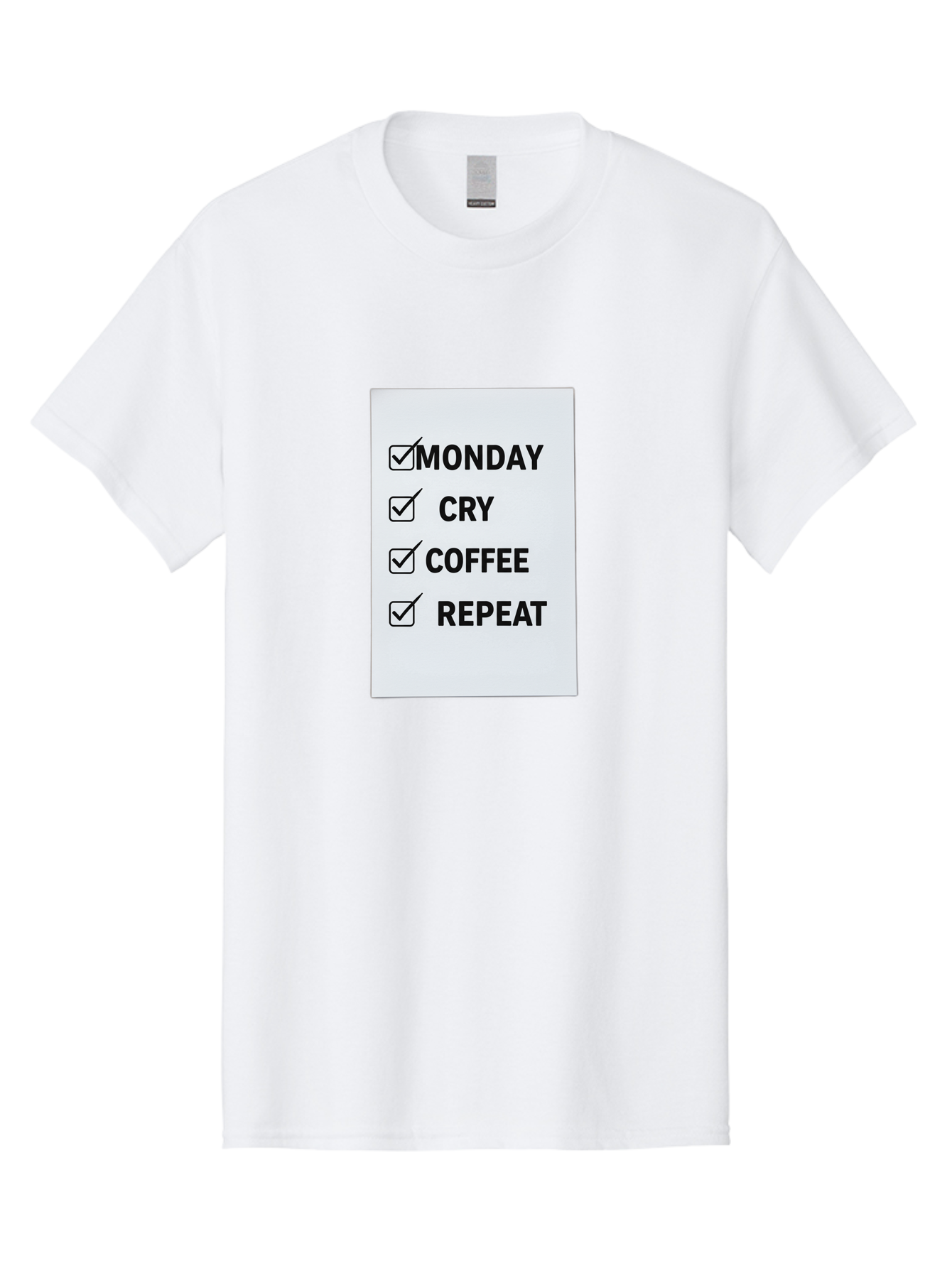 Monday-Cry-Coffee-Repeat-1 Men'S Graphic Tee, 100% Cotton, Comfortable Casual Summer Wear, Machine Washable, Monday Motivation, Funny To-Do List, Coffee Humor, Monday Blues, Office Humor, Work Life Balance, Morning Routine, Coffee Break Bae514
