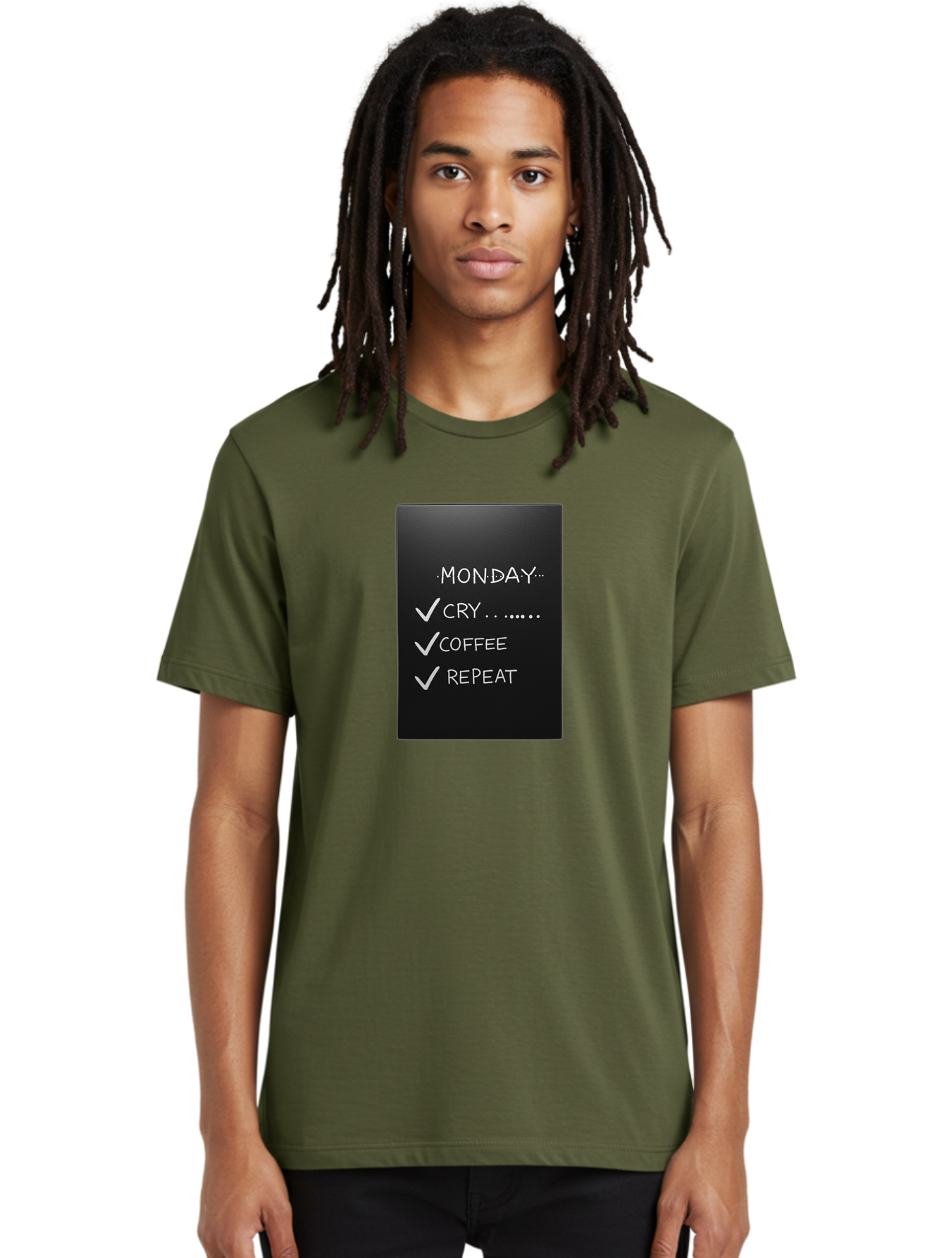 Monday-Cry-Coffee-Repeat-2 Men'S Graphic Tee, 100% Cotton, Comfortable Casual Summer Wear, Machine Washable, Humorous Quote, Monday Motivation, Funny Memes, Coffee Lover, Monday Blues, Motivational Quotes, Relatable Humor Bae515