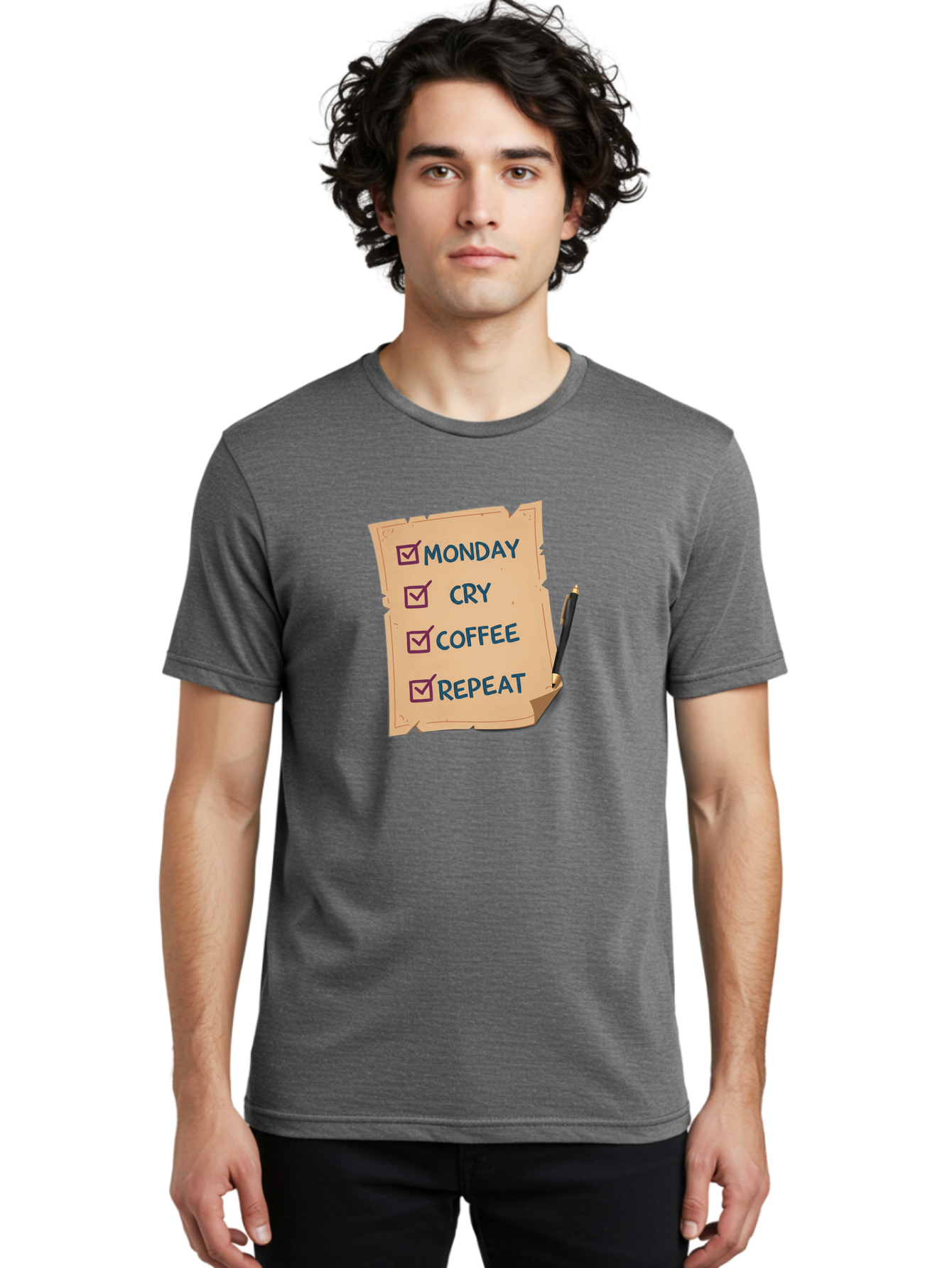 Monday-Cry-Coffee-Repeat-3 Men'S Graphic Tee, 100% Cotton, Comfortable Casual Summer Wear, Machine Washable, Humorous To-Do List, Monday Motivation, Coffee Humor, Funny Office Quotes, Relatable Workspace, Quirky Stationery, Bae516
